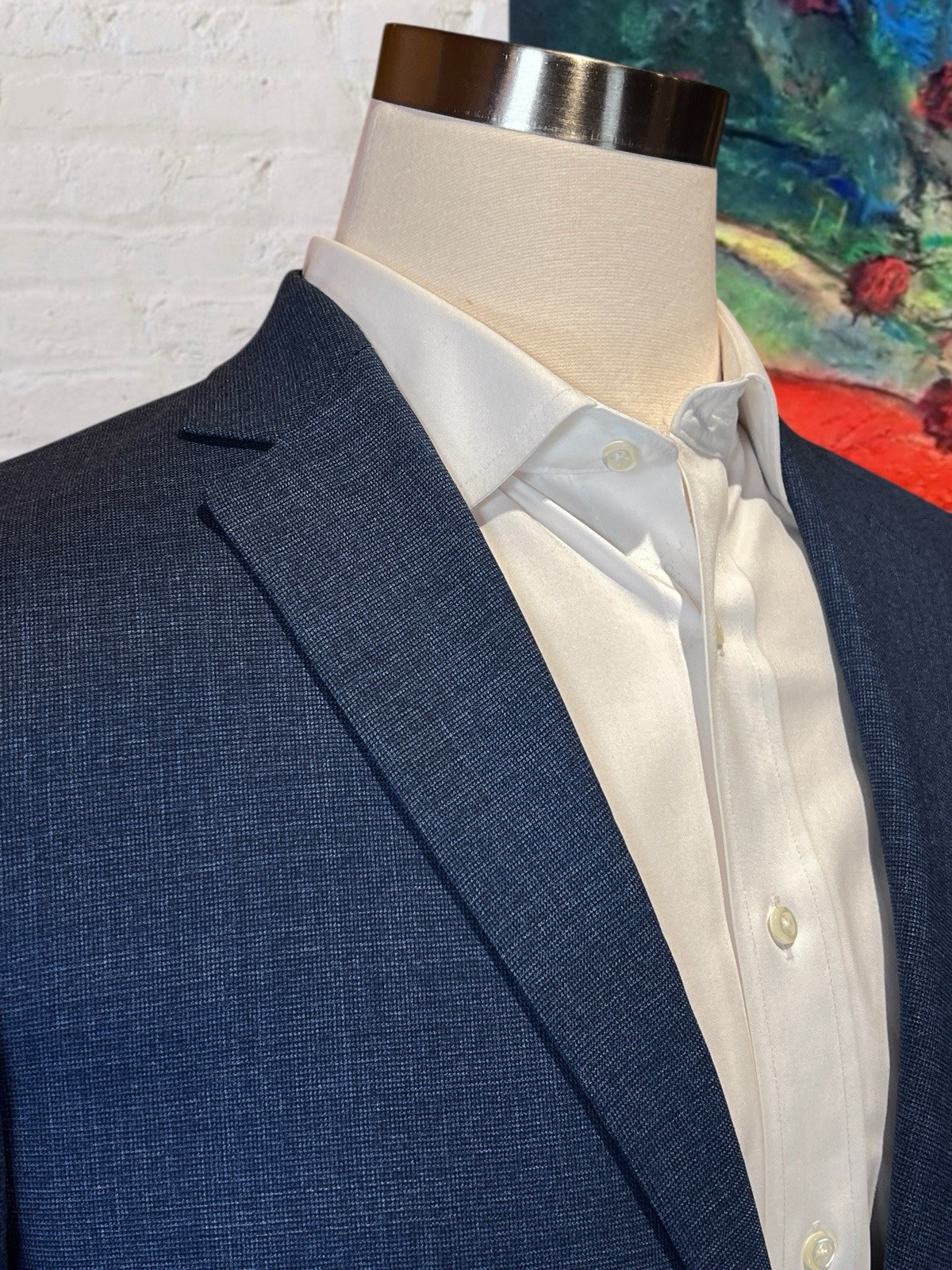 Hart Schaffner Marx New York 42L 36×32 Navy Blue Heathered Hopsack Suit
