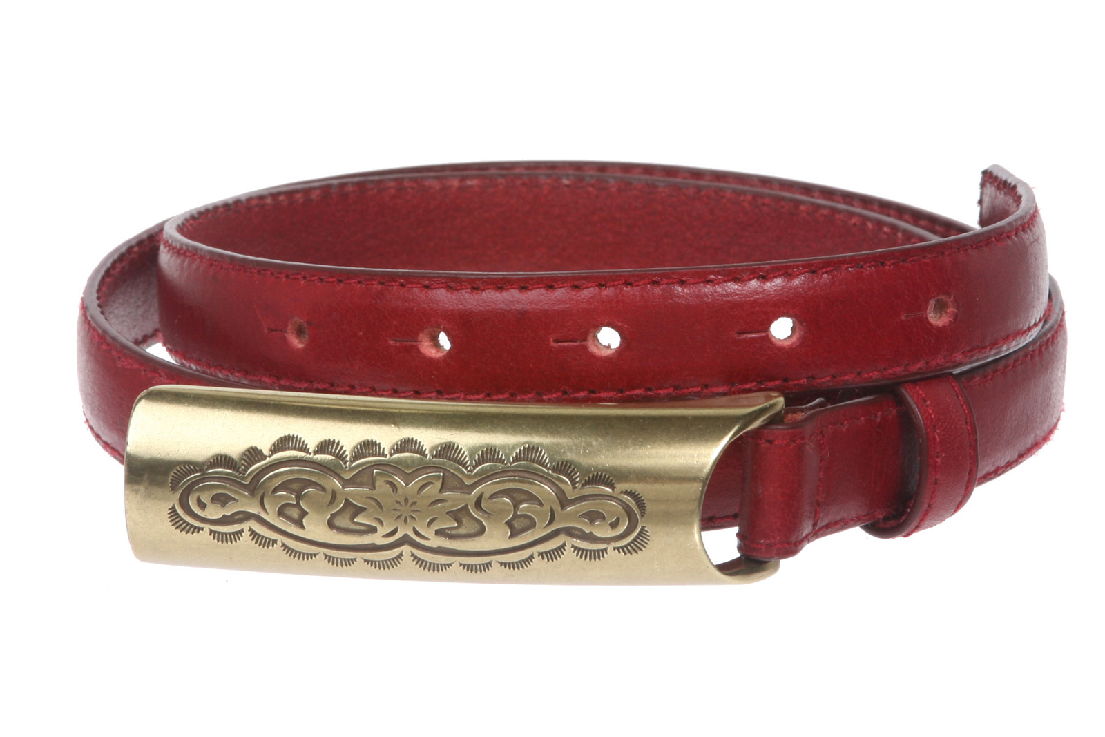 3/4 Inch (19mm) Embossed Rectangular Feather Edged Skinny Stitch Leather Belt