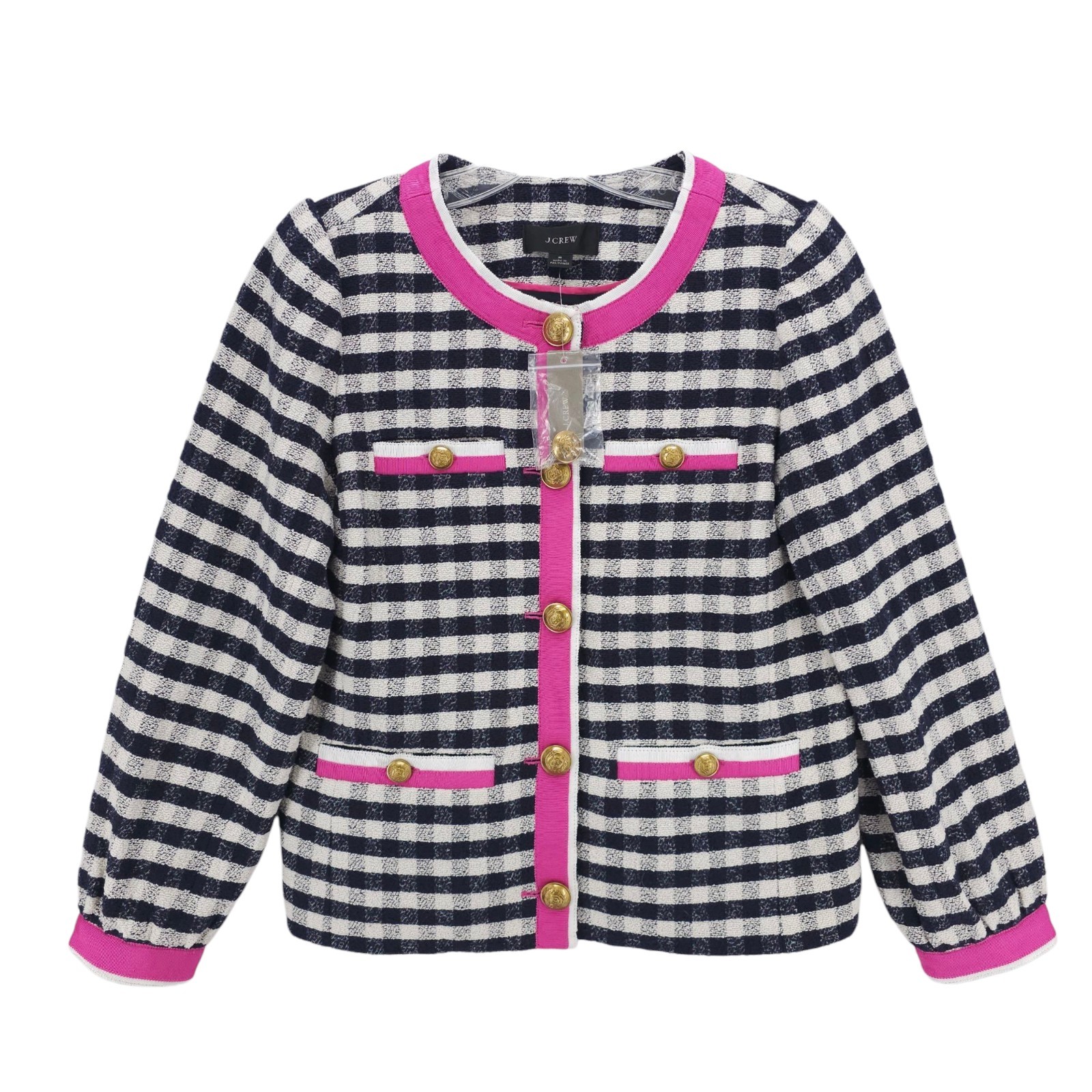 NWT J CREW Grosgrain Trim Jacket Gingham Tweed Navy Ivory Pink Gold Button Sz 2