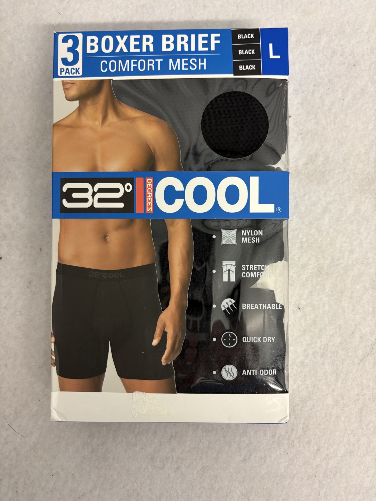 32 Degrees Cool Men’s 3 Pack Performance Mesh Boxer Briefs – Black – Size L