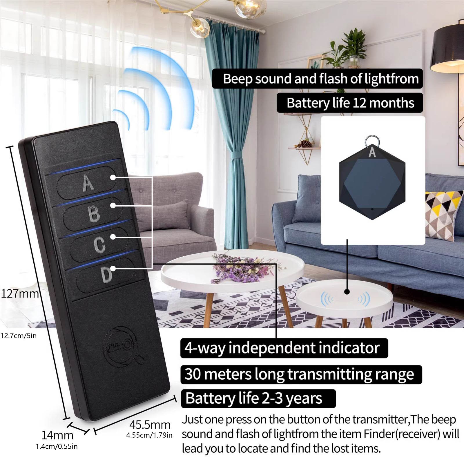 4-in-1 Wireless 75-80db Alarm Key Finder Black ABS Key Wallet Tracker Accessory