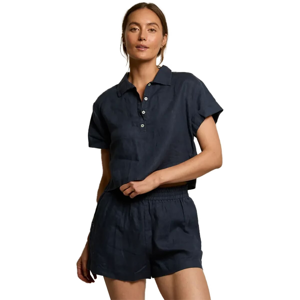 perfectwhitetee Tabitha Linen 1/4 Button Down Collared T-Shirt – Women’s