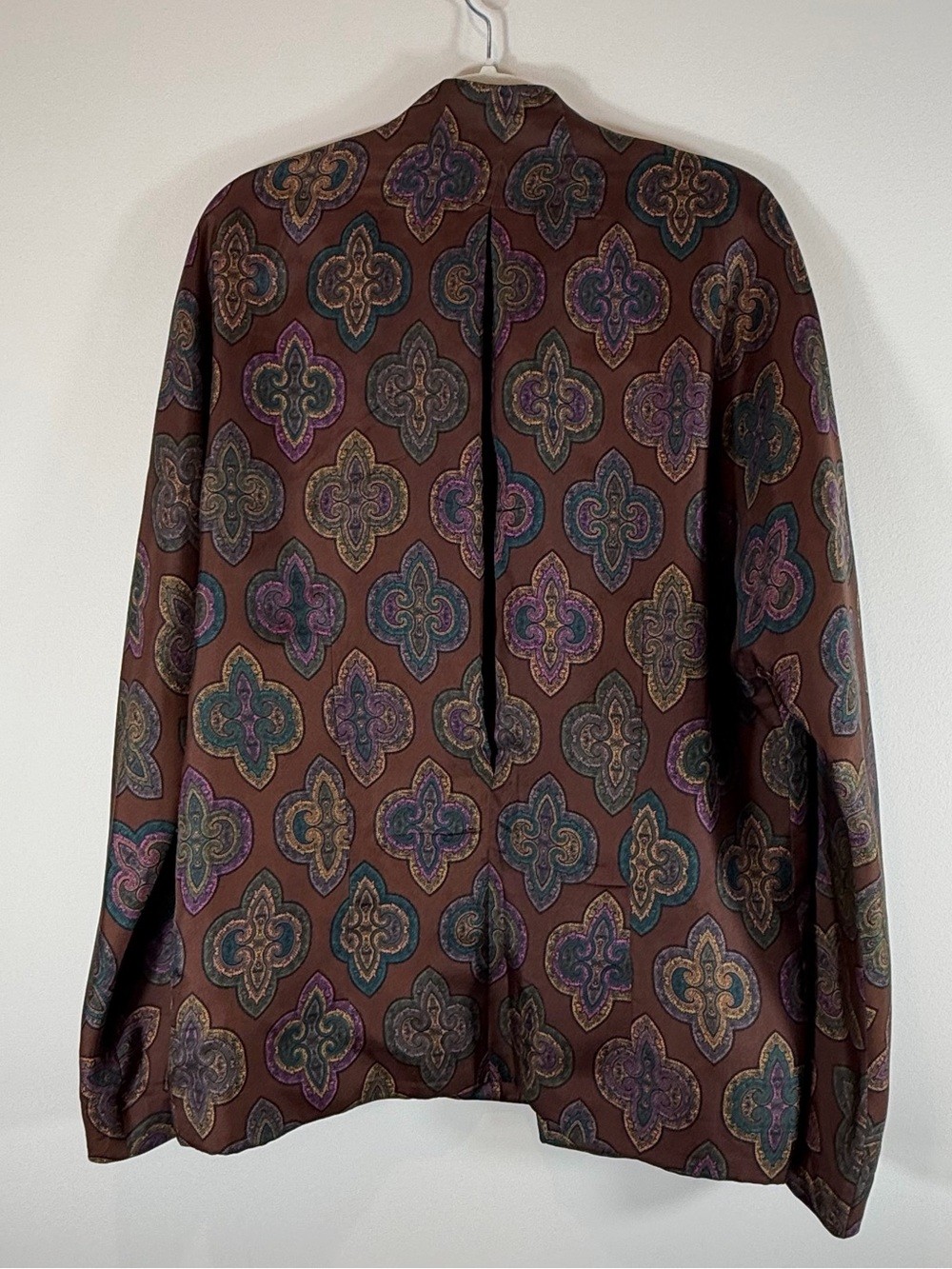 Vanessa Van Cleef 100% Silk Brown Patterned Tunic Jacket Size 8