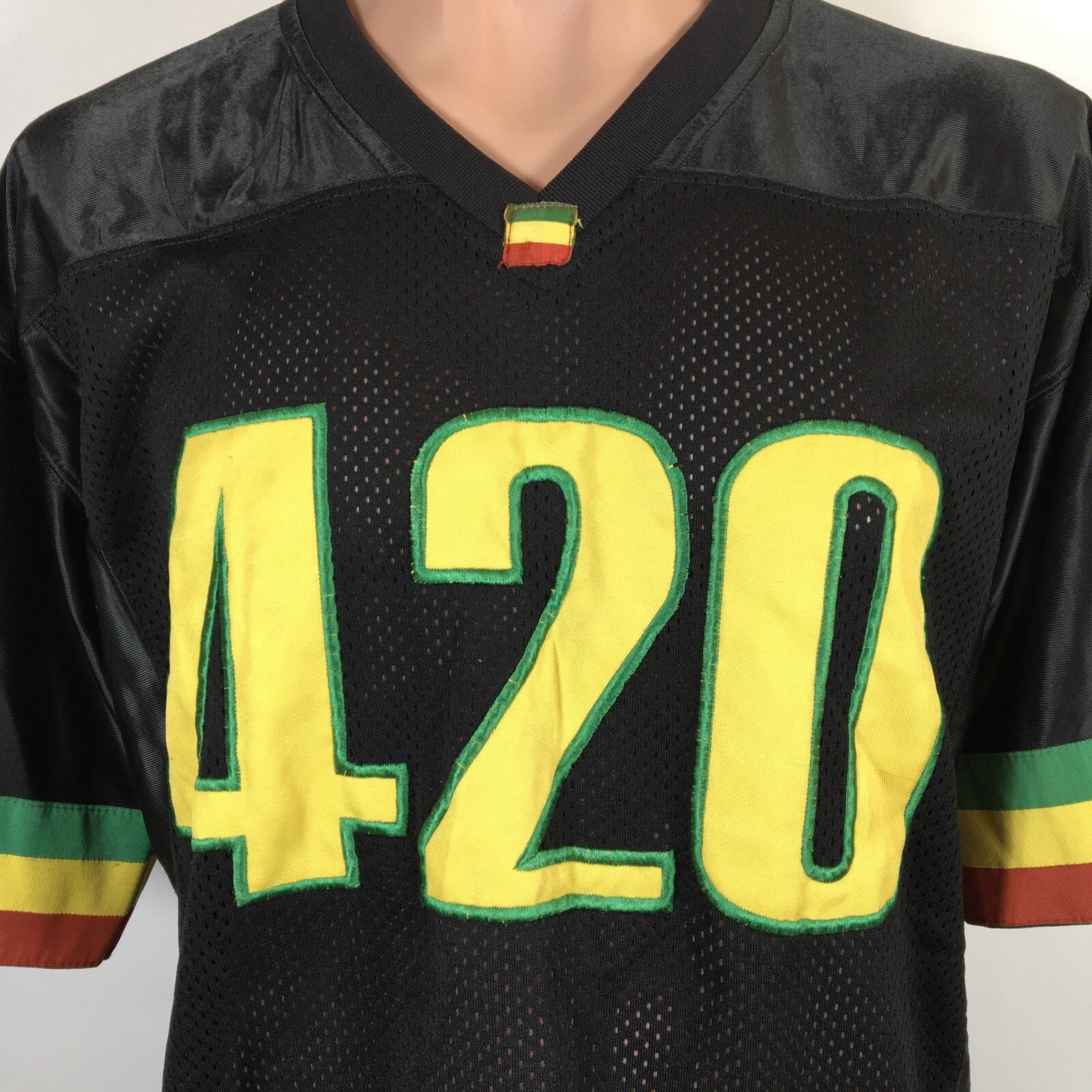 VTG 90s Atum Apparel 420 Weed Rasta Reggae Peace Love Black Mesh Jersey M/L