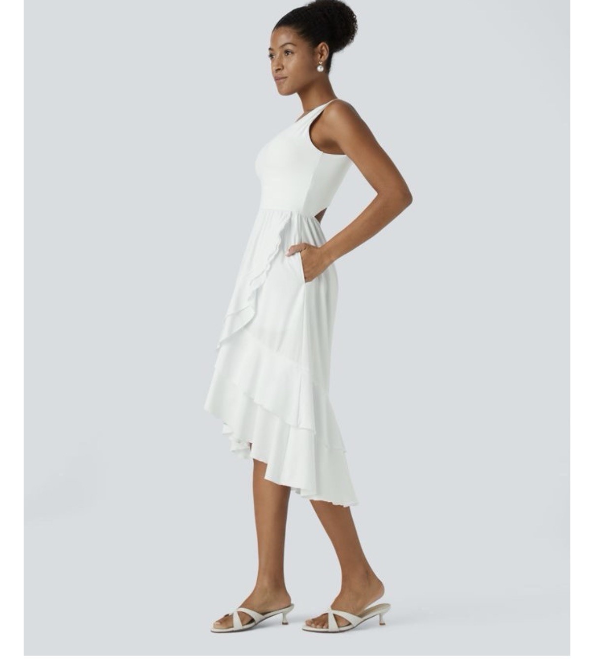 Halara Breezeful V Neck Backless Cut Out Side Pocket Ruffle Midi Dress NEW M
