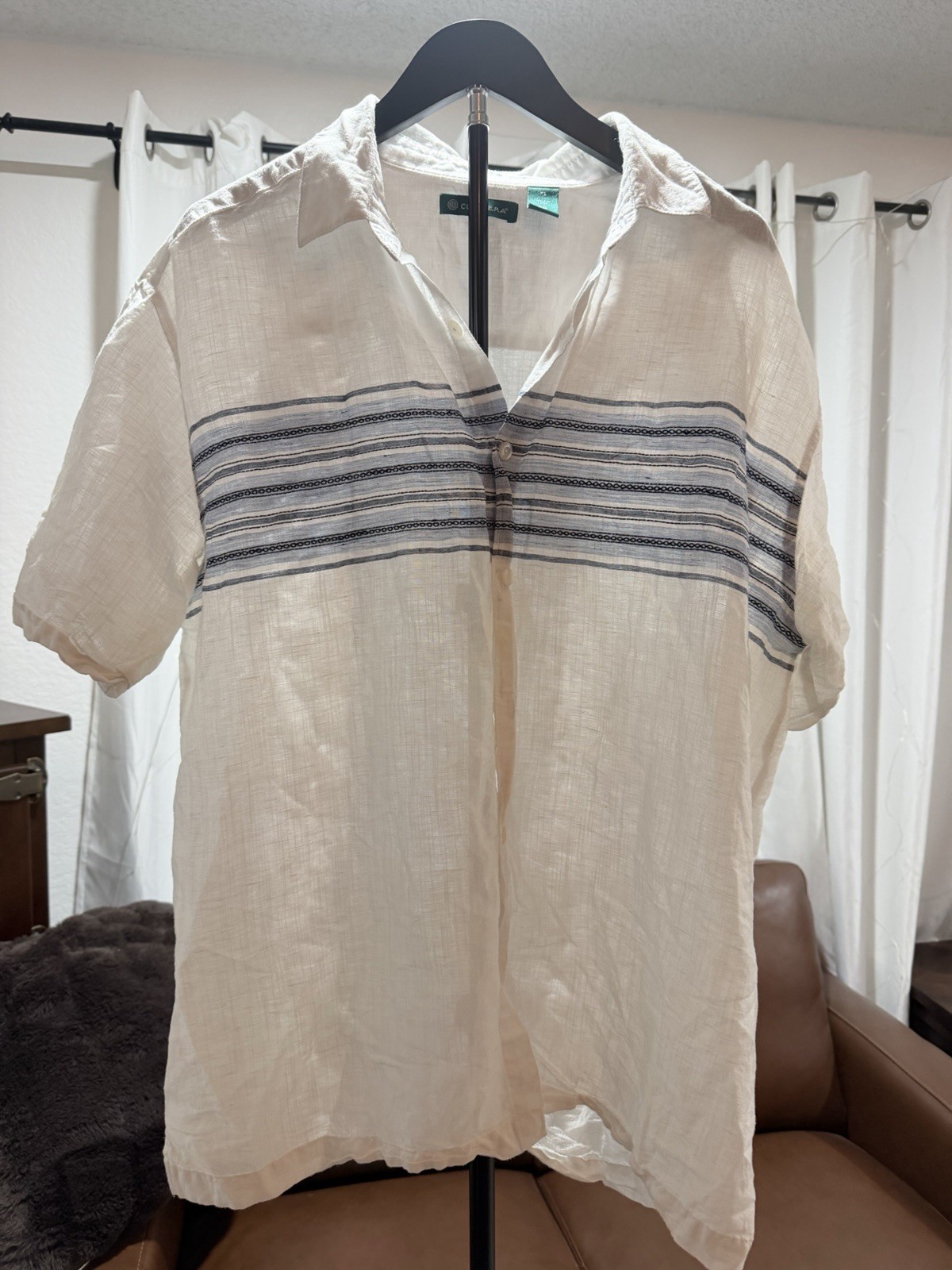 Cubavera Men’s XL White/Blue Striped Linen Woven Short Sleeve Button-Up