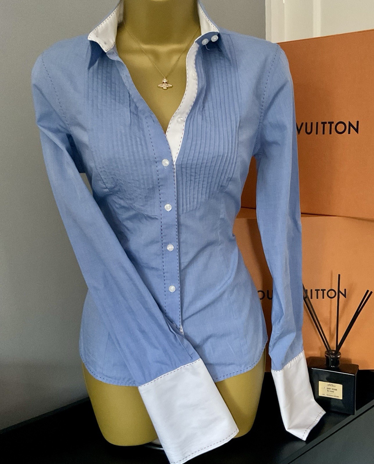 Pristine Thomas Pink Blue Fitted Pleated Tuxedo double Cuff Shirt Stunning UK 10