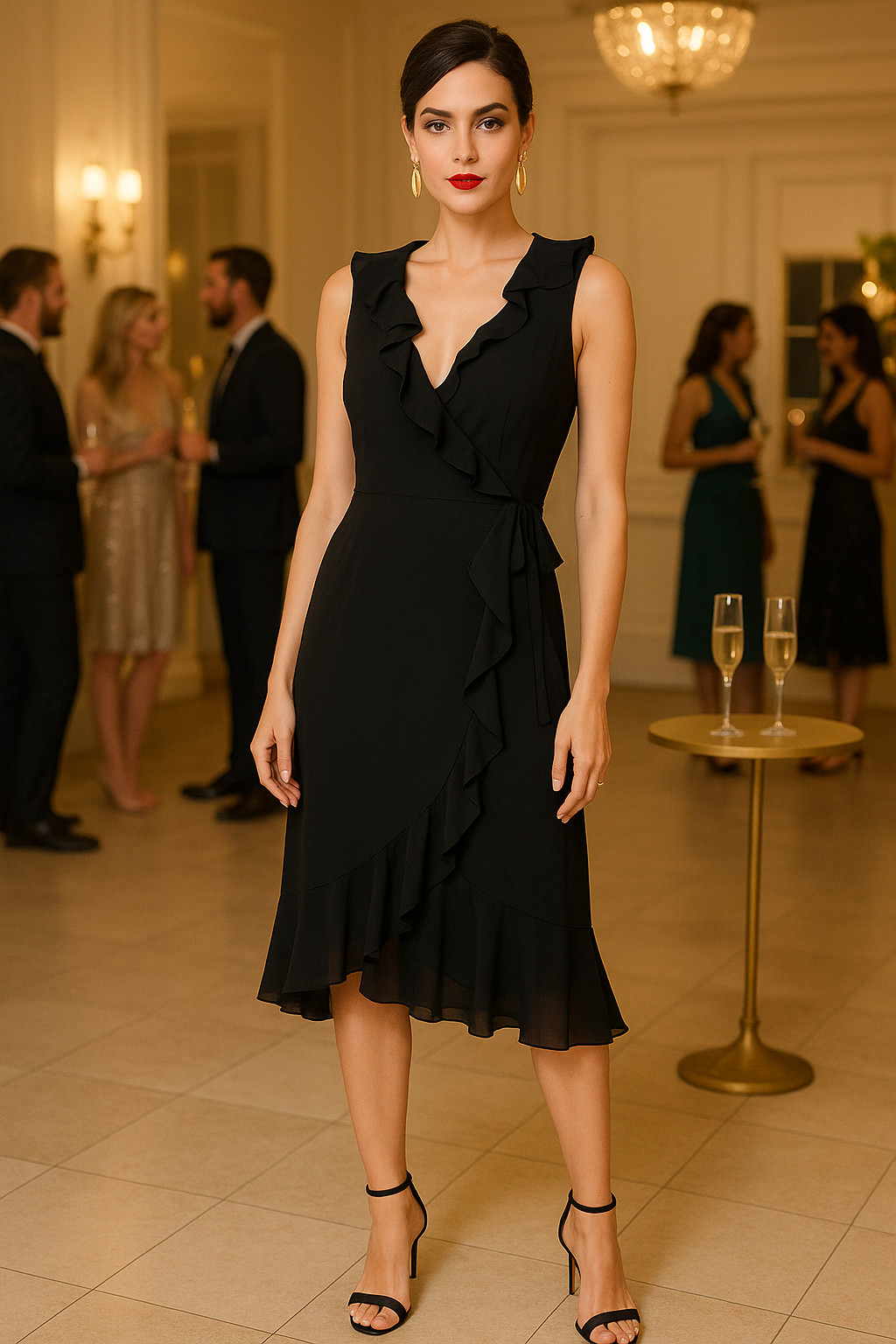NWT ALFANI Stunning Black Wrap Around Ruffle Chiffon Silk Lined Dress Size 2