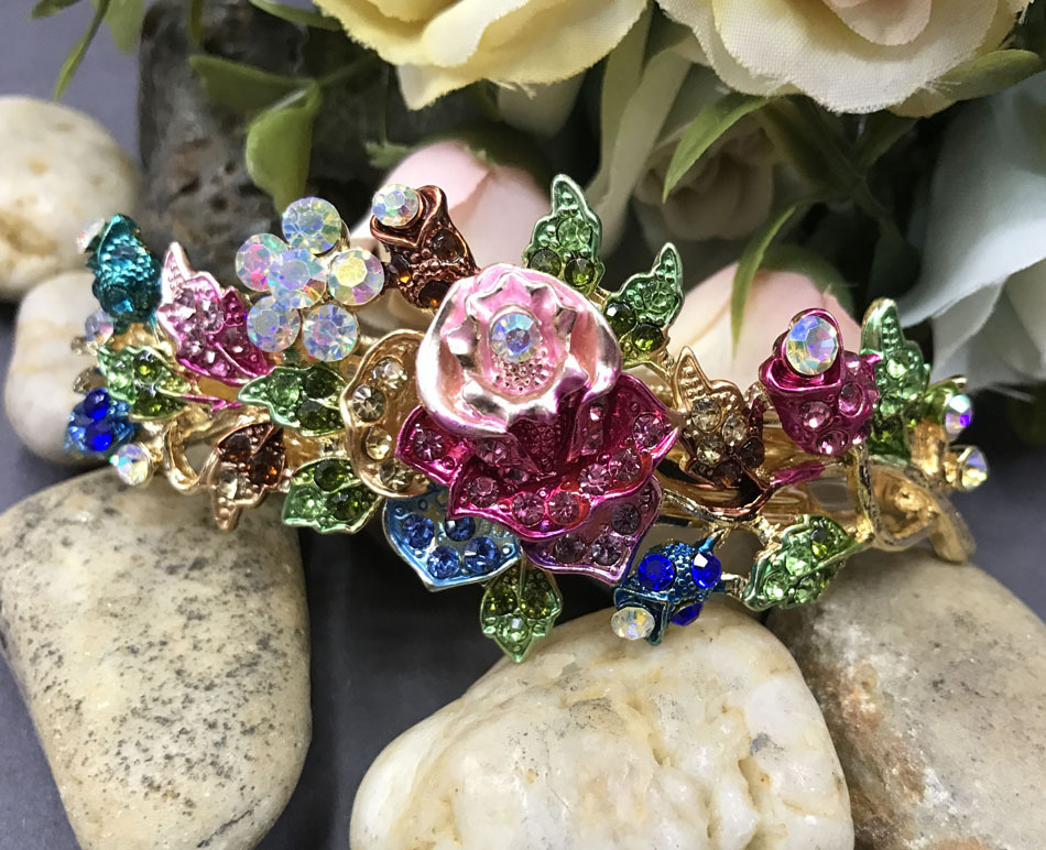 New Gold Tone Flower Rhinestone multi color Hair Clip Barrette ha2#2
