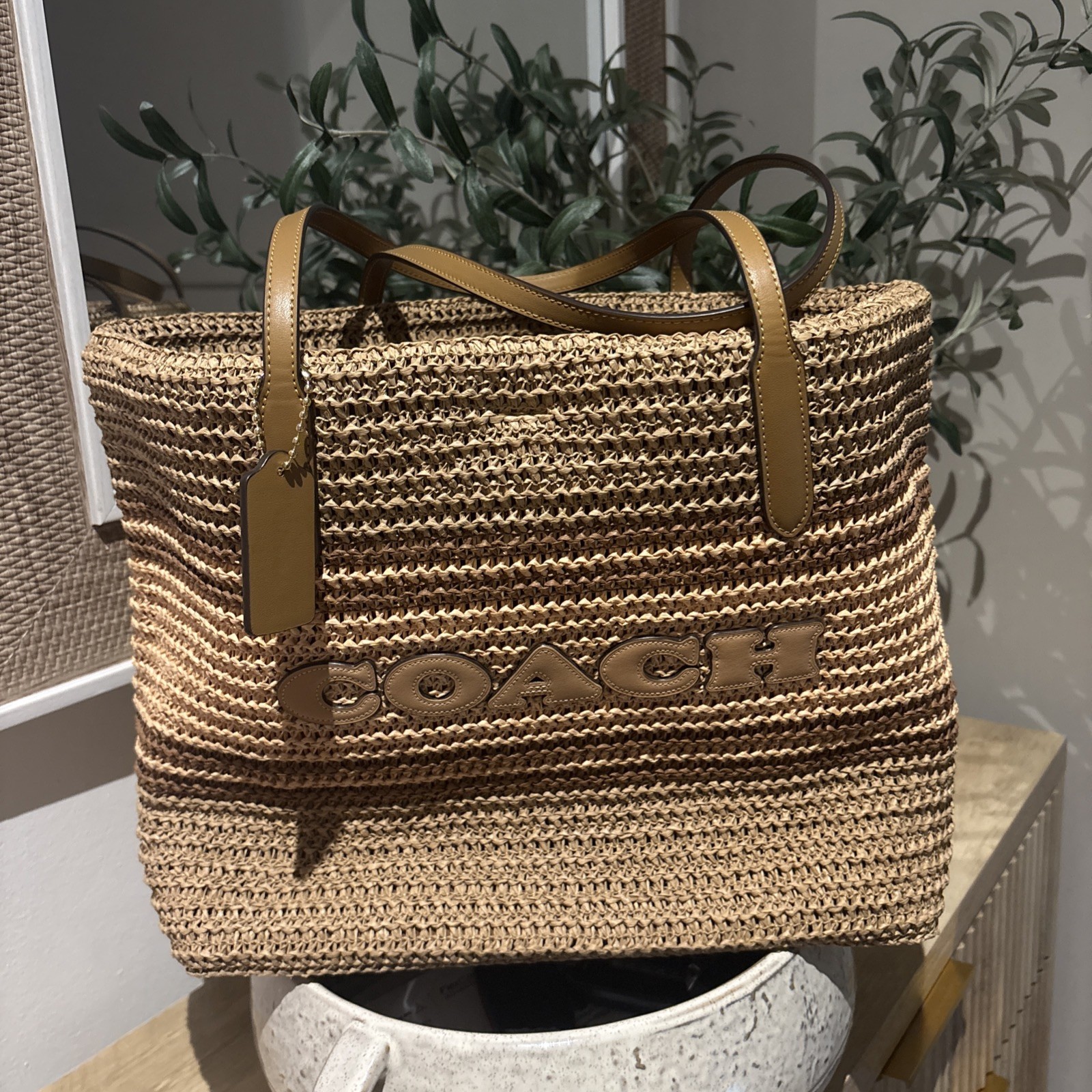 NWOT COACH Straw and smooth leather City Tote Bag CBG87 Im/Honey Brown Multi