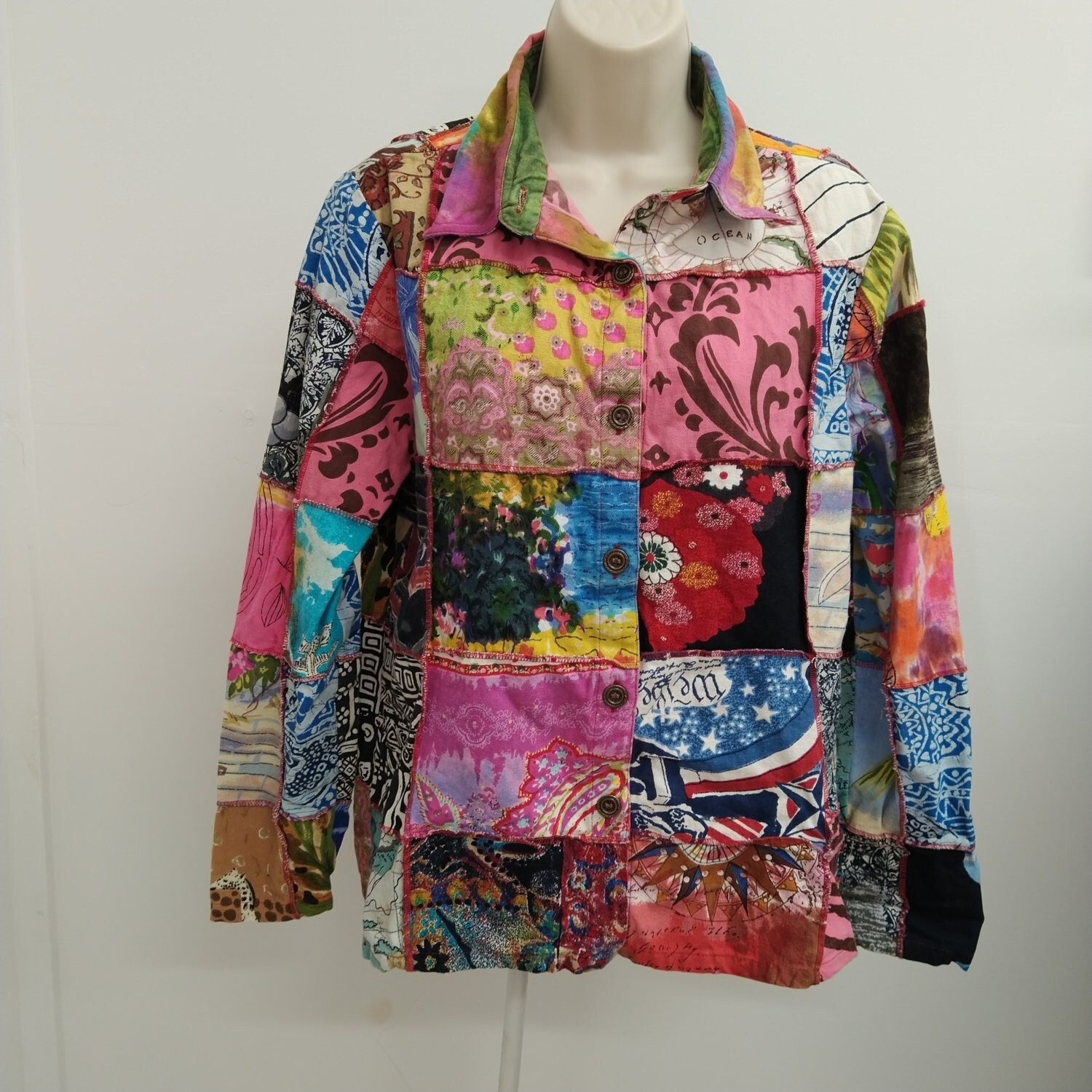Gandy Couture Womens Top Shirt Jacket Medium Red Colorfull Design Long Sleeve