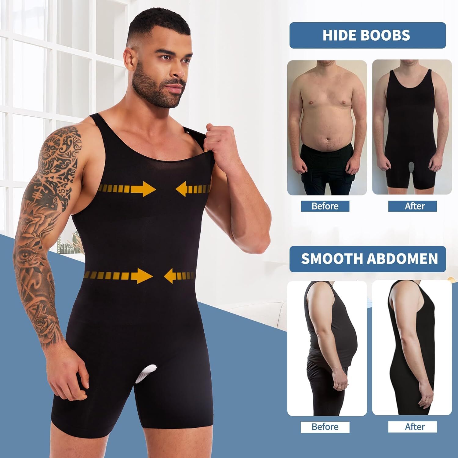 Men’s Full Body Shaper Slimming Compression Bodysuit Thigh Slimmer Shapewear