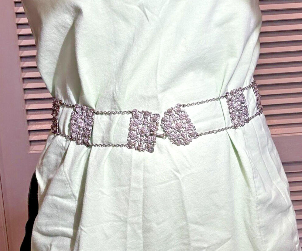 Antique Victorian Floral Etched Repousse Chantelaine Silver t Buckle 30.5″ Belt