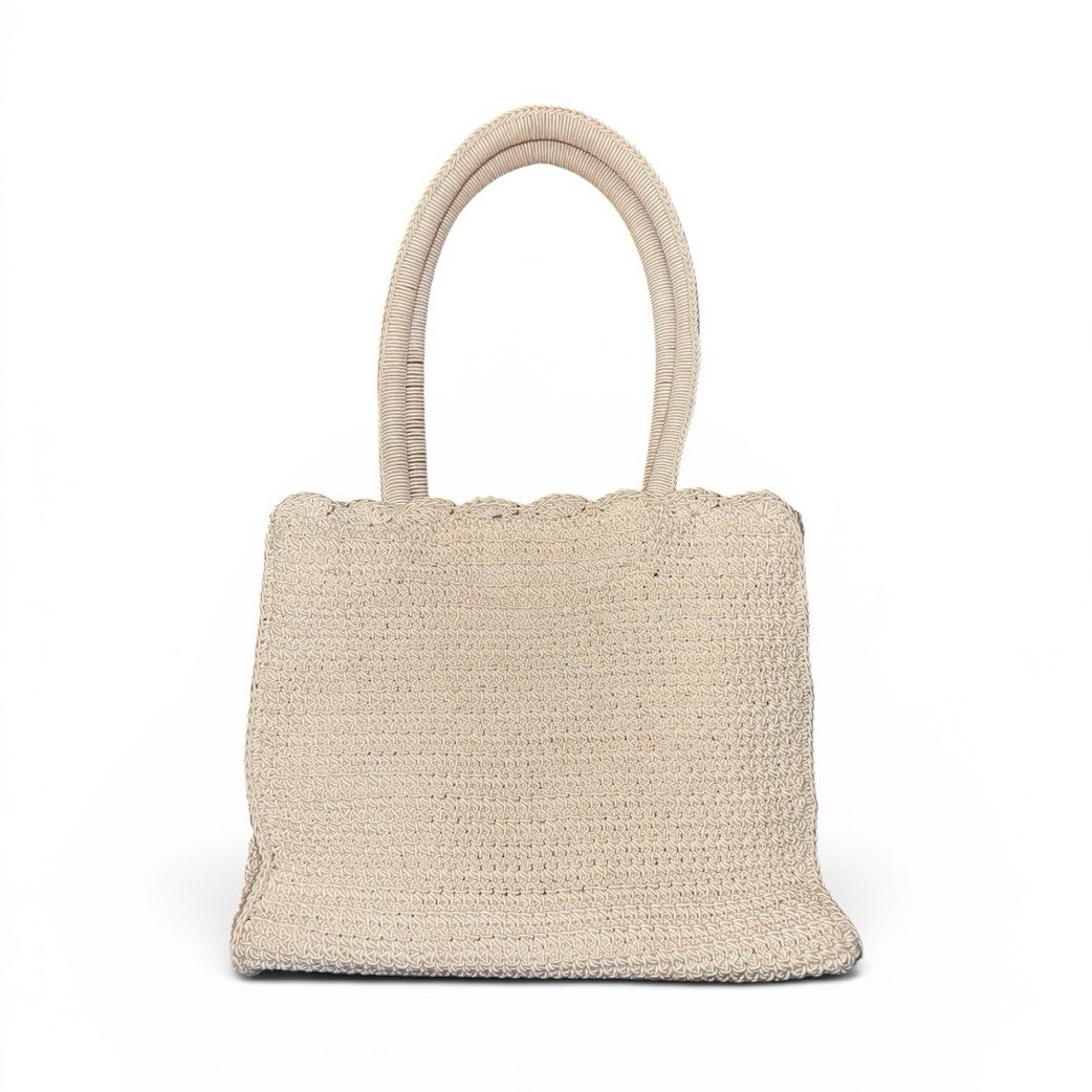 Beige Crochet Woven Top Handle, Magnetic Closure, Satin Lined Bag