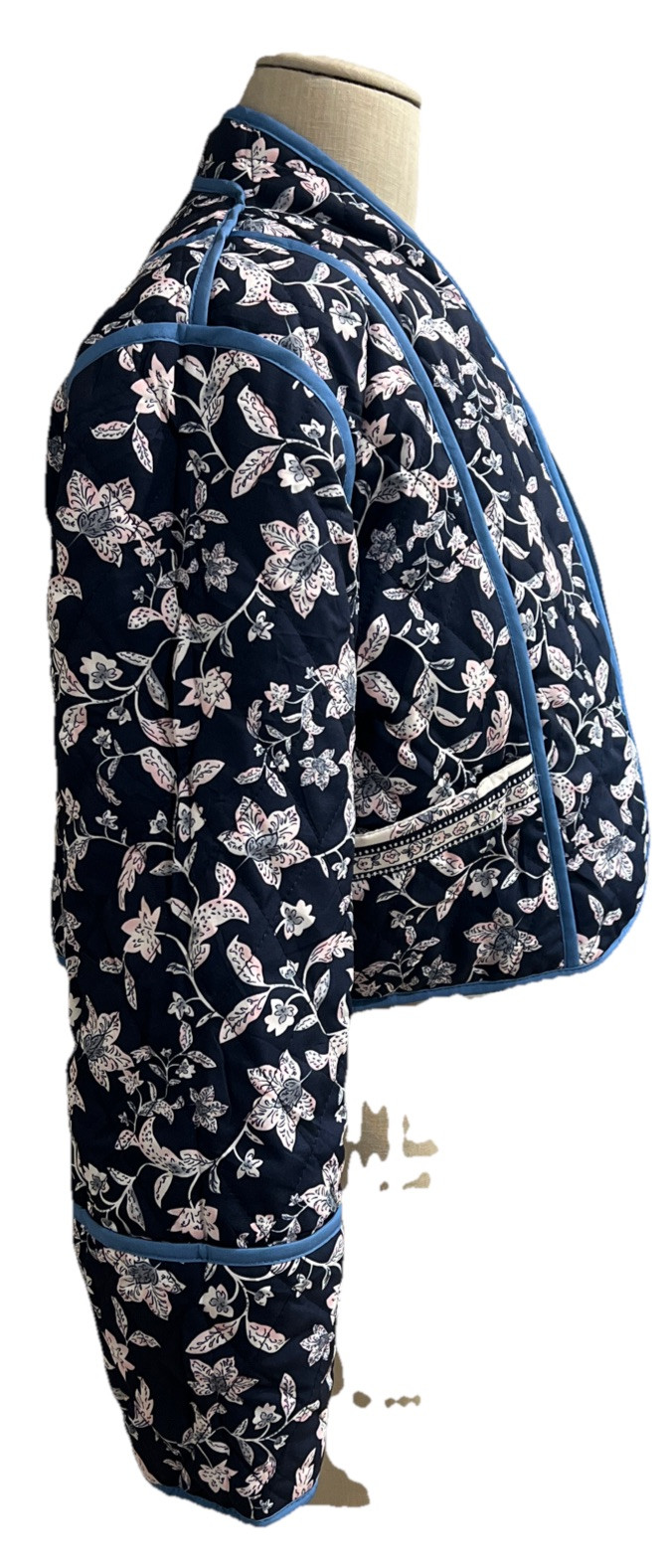 Reversible Quilted Jacket Cropped Sz MED* Navy Blue Floral Ivory/Pink