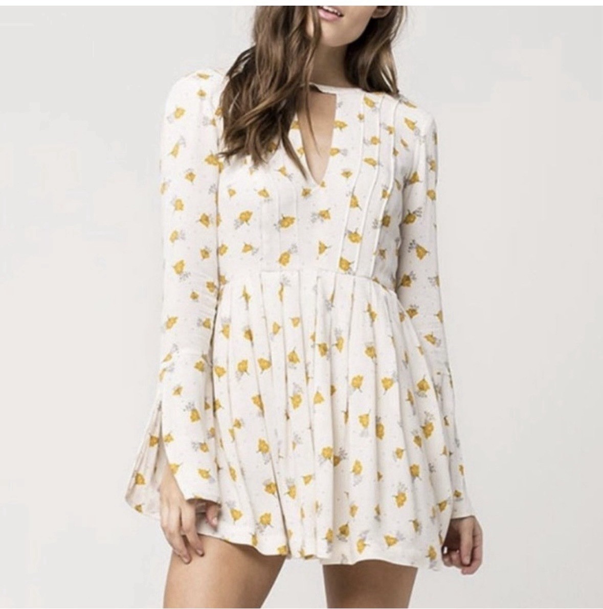 Free People Tegan Yellow Floral Cutout Bell Sleeve Rayon Boho Mini Dress Size 0