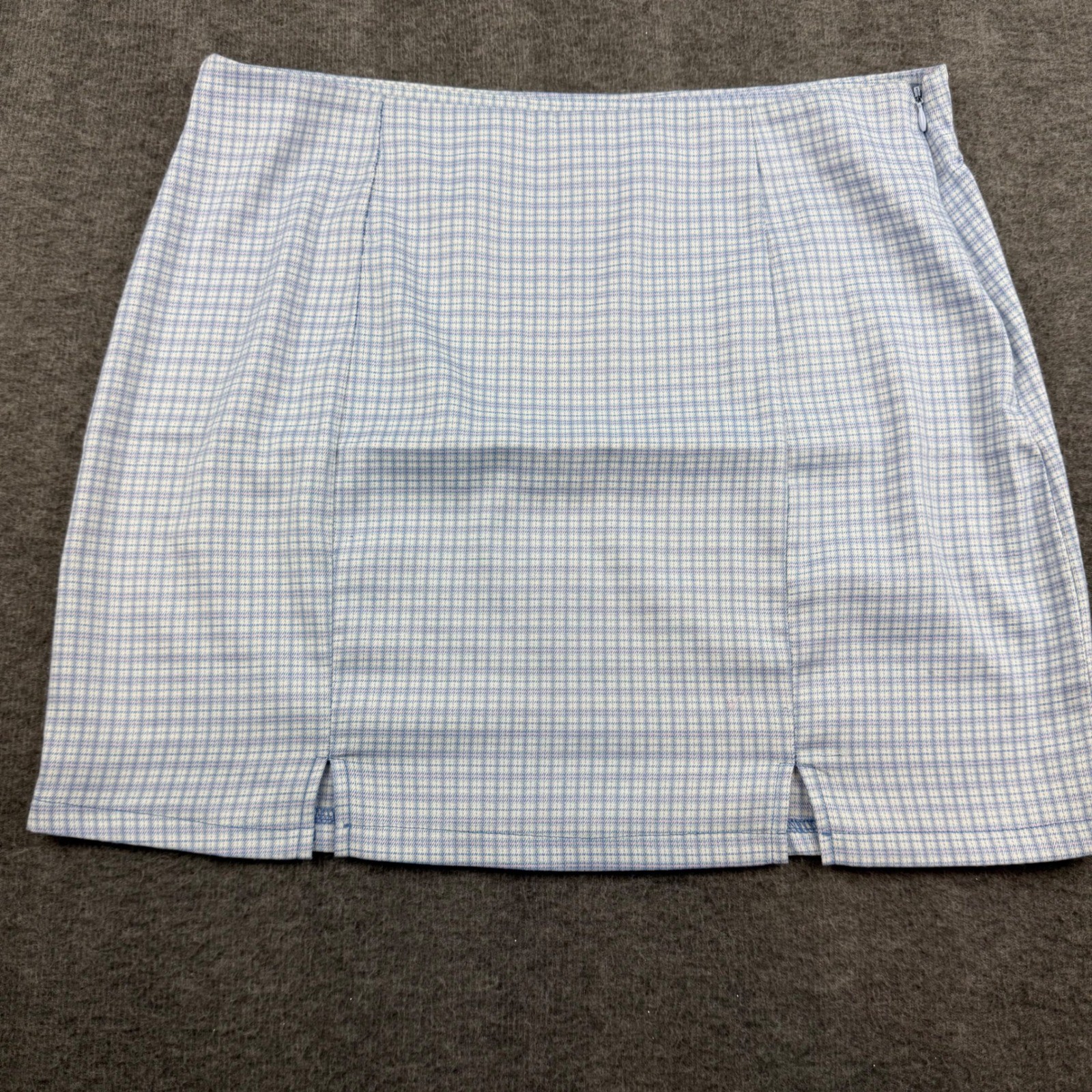 Hesperus Plaid Mini Skirt Women XXL Blue White Gingham High Waist Front Slits