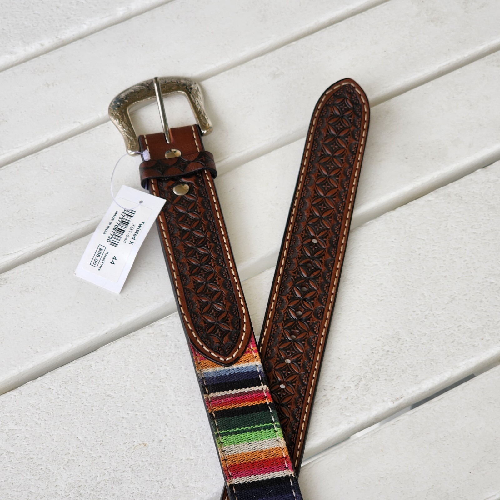 Twisted X Western Serape Stripe Brown Leather Geometric Tooled Billet Size 44