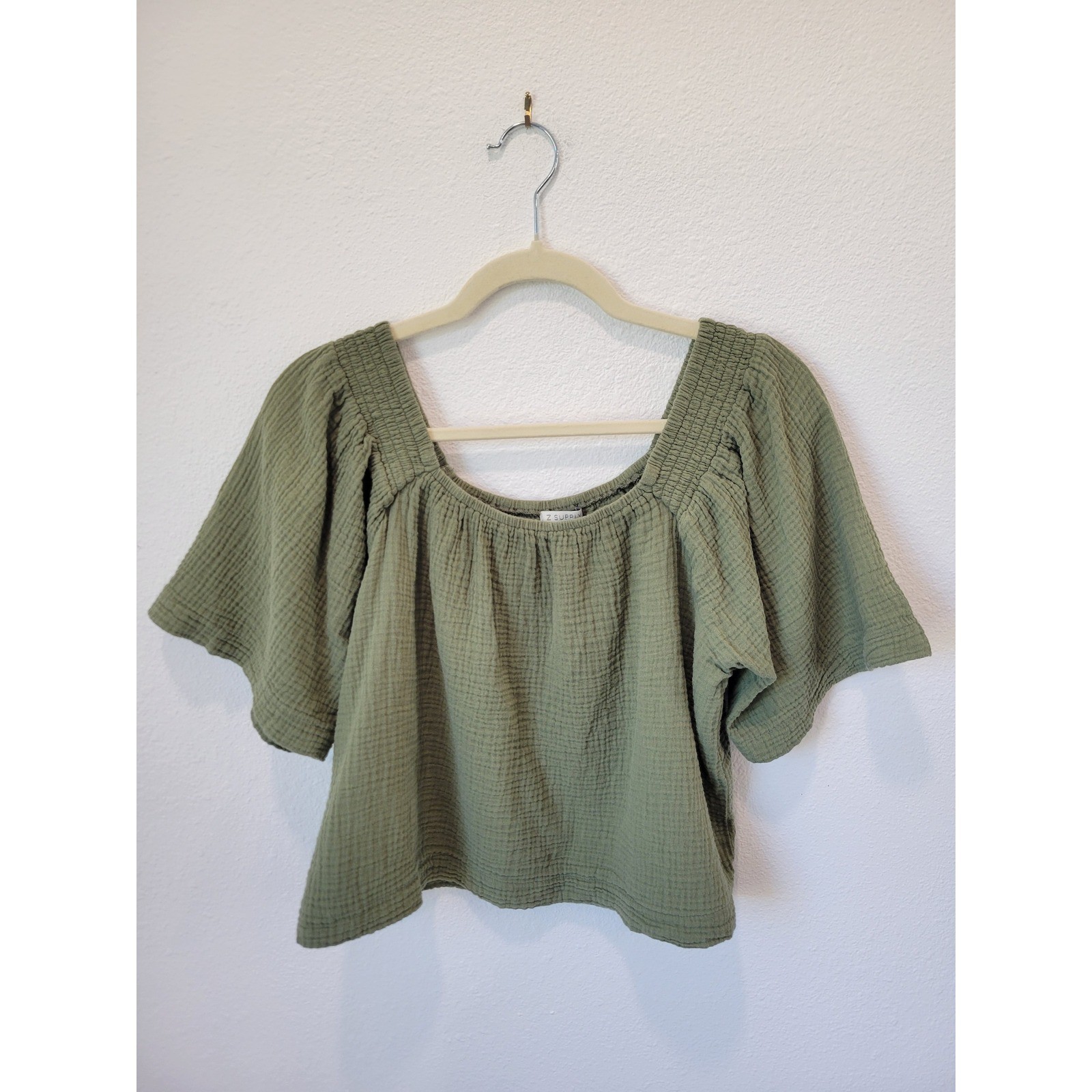 Z Supply Women L Sage Green Gauze Crop Top Square Neck Flowy Sleeve Blouse
