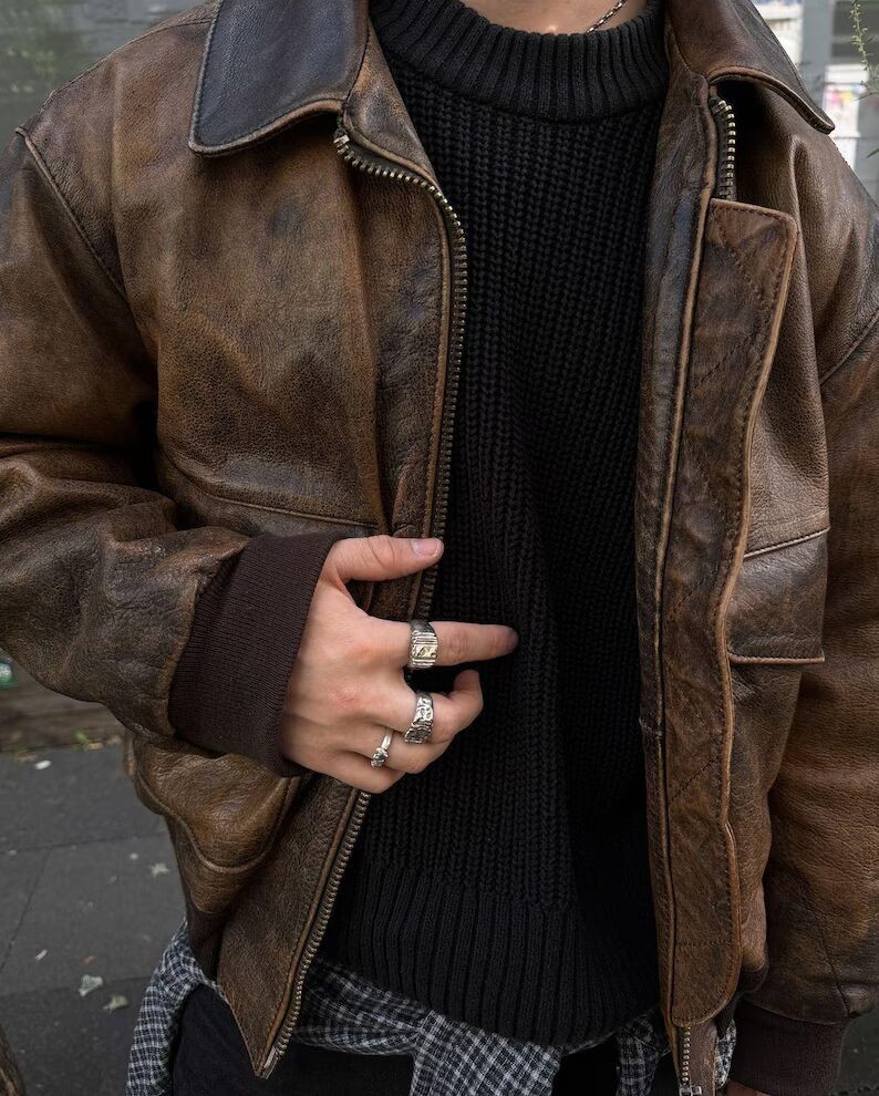 Vintage Distressed Brown Leather Bomber Jacket Genuine Sheepskin Aviator Bike