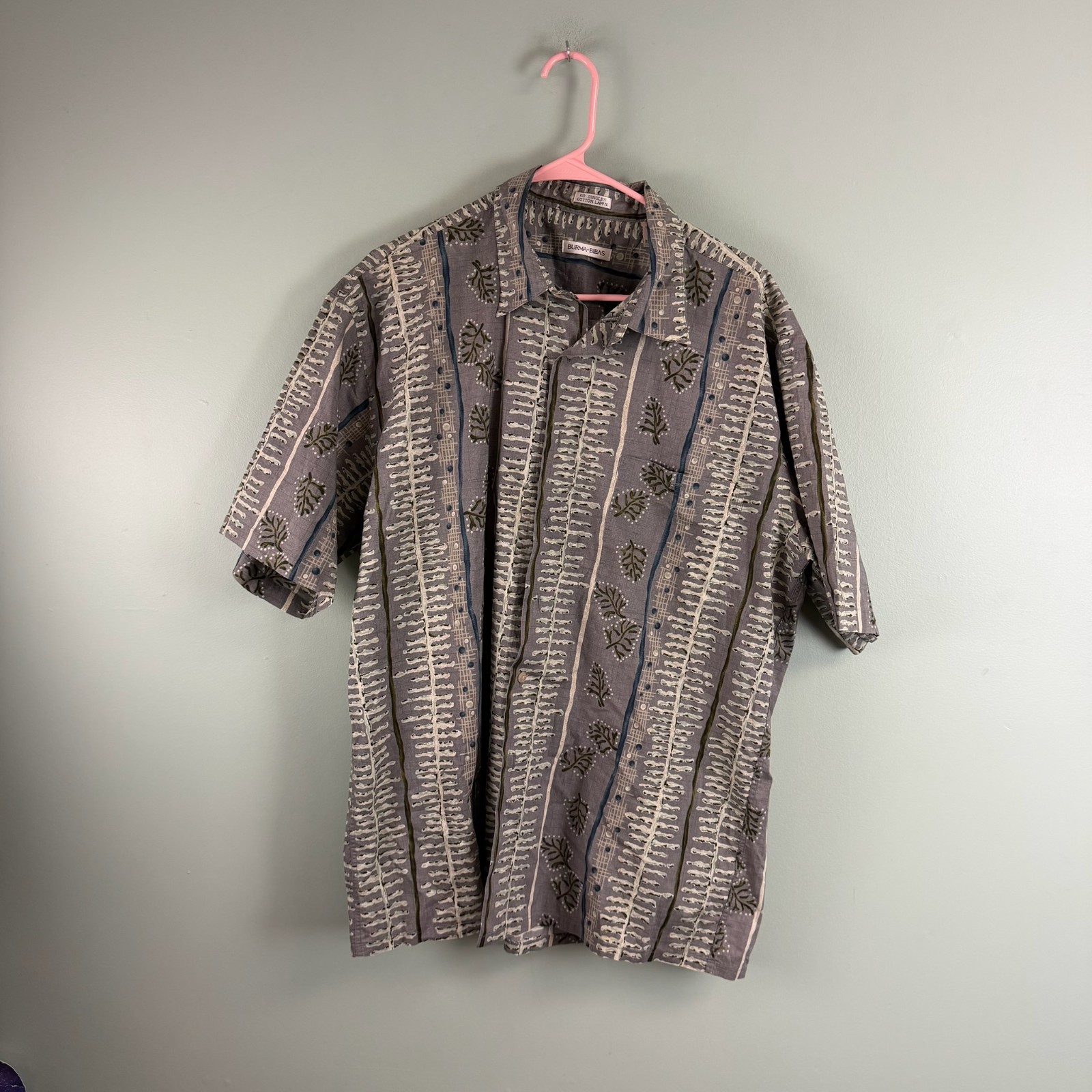 BURMA BIBAS Vintage Beige Tribal Lawn Cotton Hawaiian Shirt Mens XL Patterned