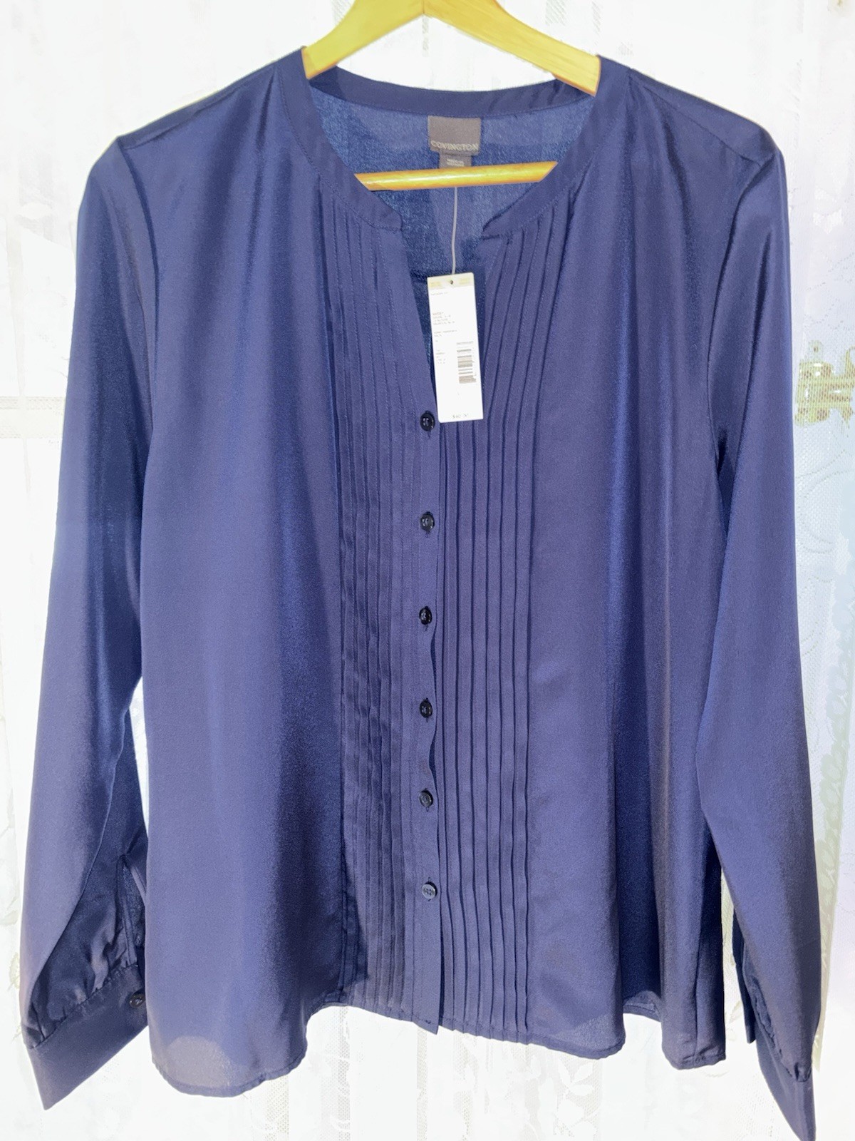 Covington Women’s L Navy Solid Chiffon Polyester V-Neck Pleated Button Blouse
