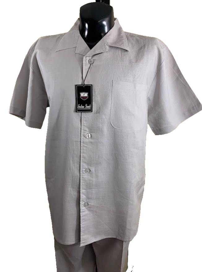 Fortino Landi Mens 2pc Walking Suit Linen Shirt Pleated Pants Set Large Gray 36