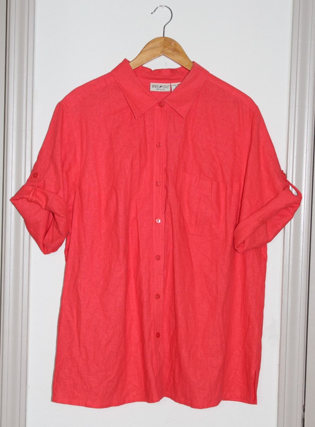 VTG White Stag Linen Rayon Button Up Shirt 1X Coral Red Coastal Lagenlook Blouse