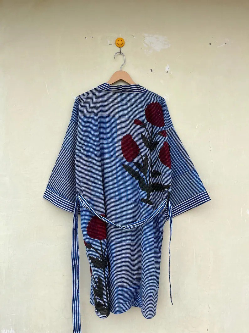 Indian Blue Floral Cotton Robe Short Kimono Sleepwear Night Suit Kimono Robe US