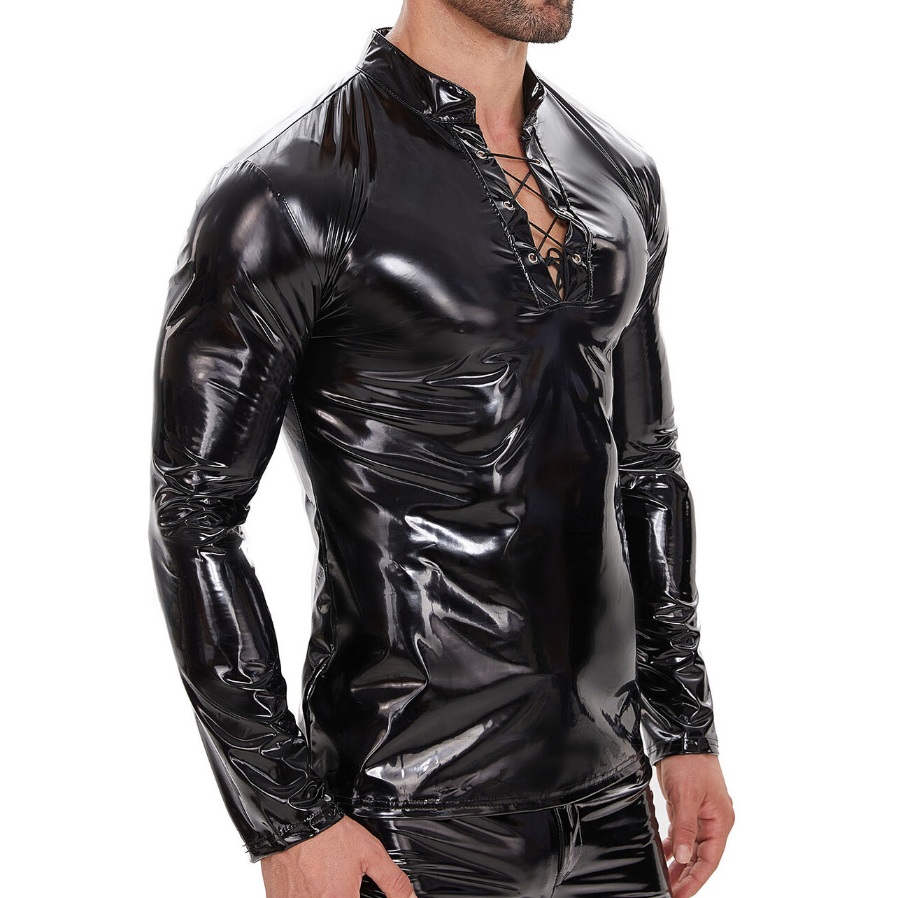 Men’s Wet Look Shiny PVC Leather Shirts Top Long Sleeved Slim Latex Jacket Shirt