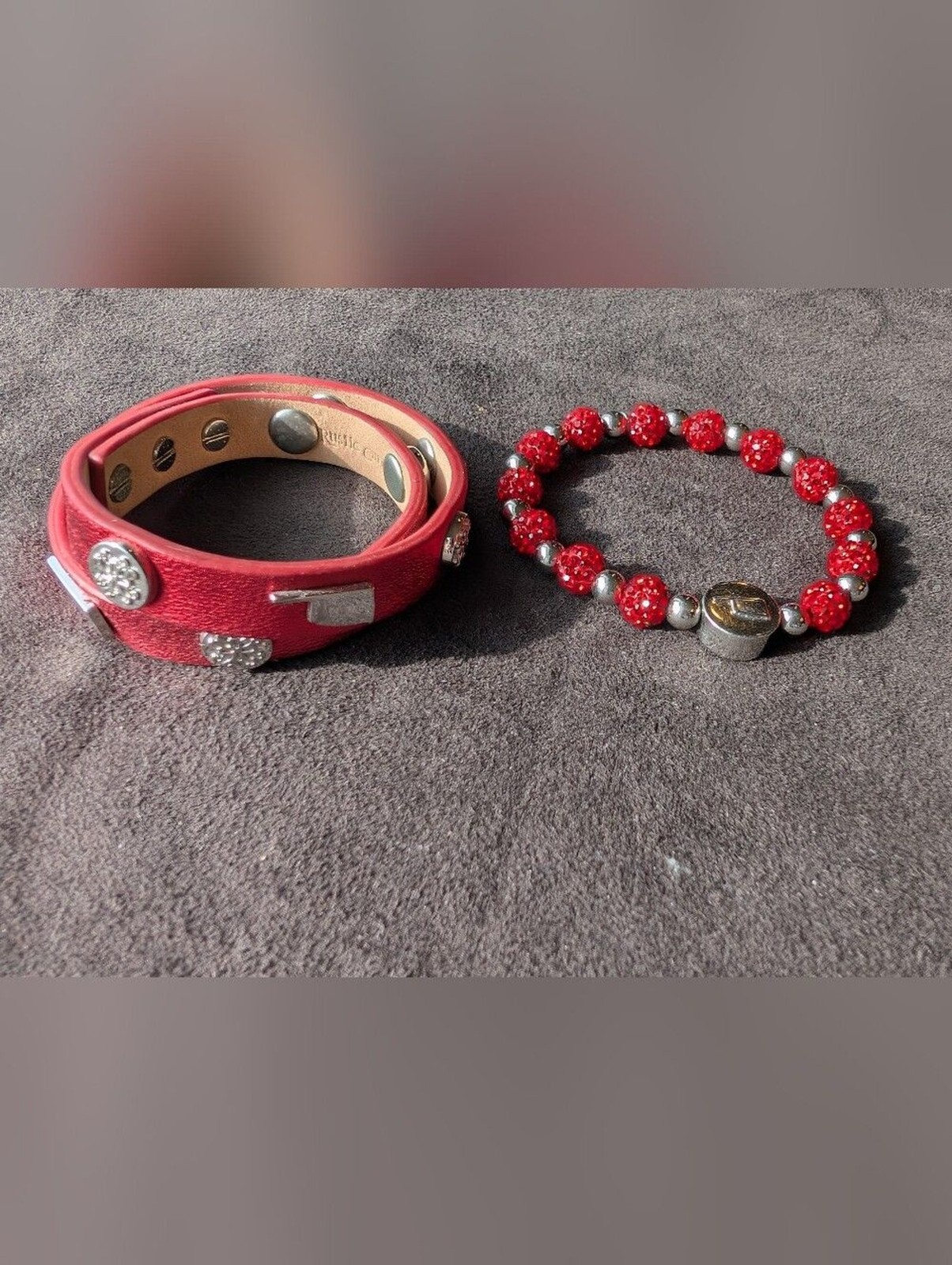 Rustic Cuff Oklahoma Red Crystal Beaded and Leather Wrap Stud Bracelet Set