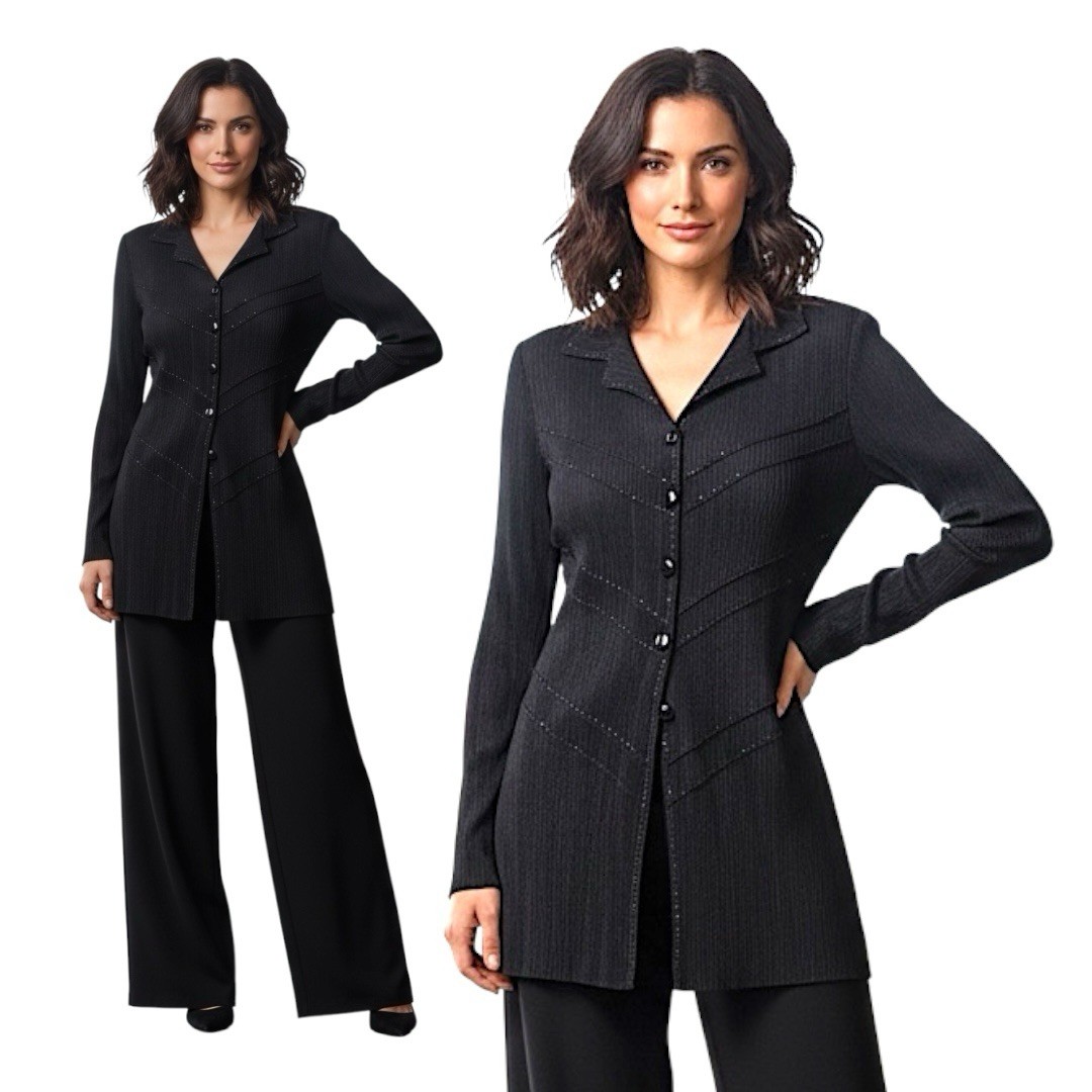 Black Dressy Blouse Sz S Longline Sparkling Beads Faceted Button Up Holidays