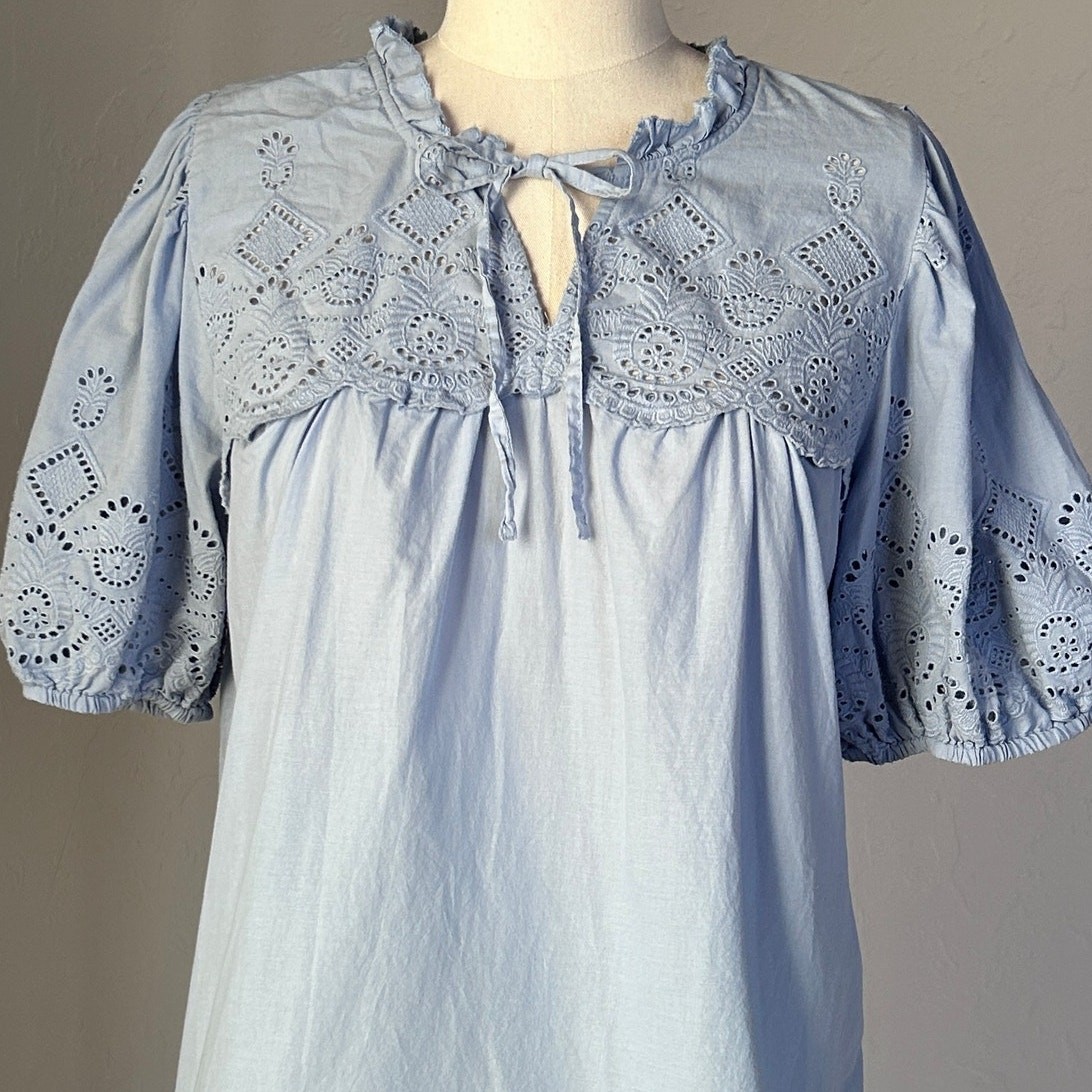 Cotton Eyelet Prairie Peasant Top Puff Sleeve Blue Romantic Cottagecore Blouse M