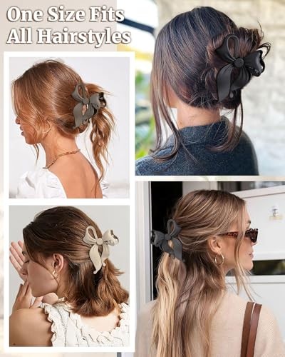4 Pack Cute Bow Claw Clip for Women, Nonslip 4.1″ Black, Grey, Khaki, Brown