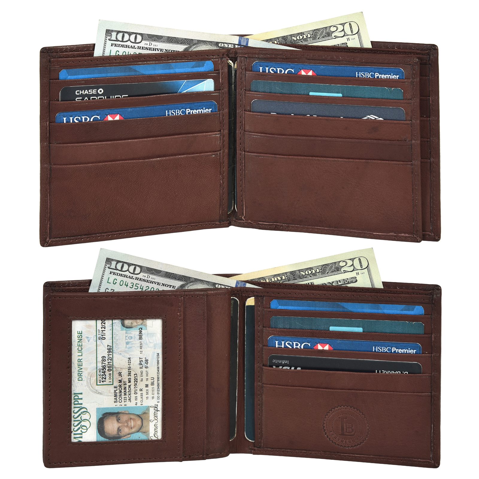 Leatherboss Genuine Leather Men Hipster Wide Middle flap Wallet, Dark Brown