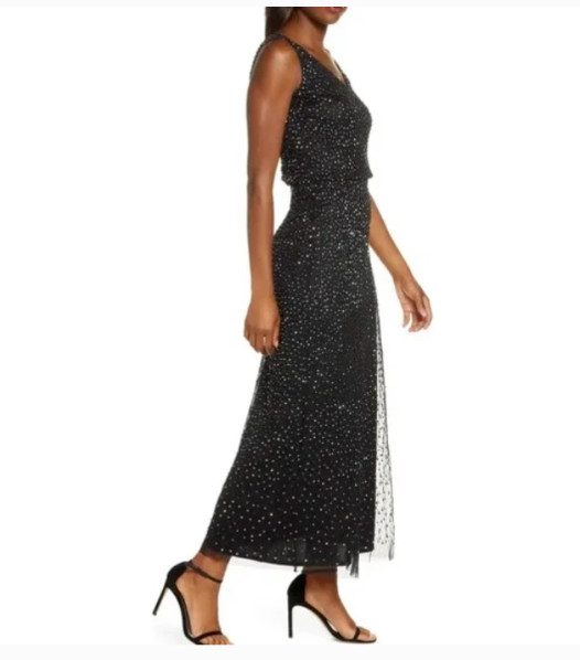 PISARRO NIGHTS Navy Copper Sequin Beaded Double V-Neck A-Line Maxi Gown Dress 14