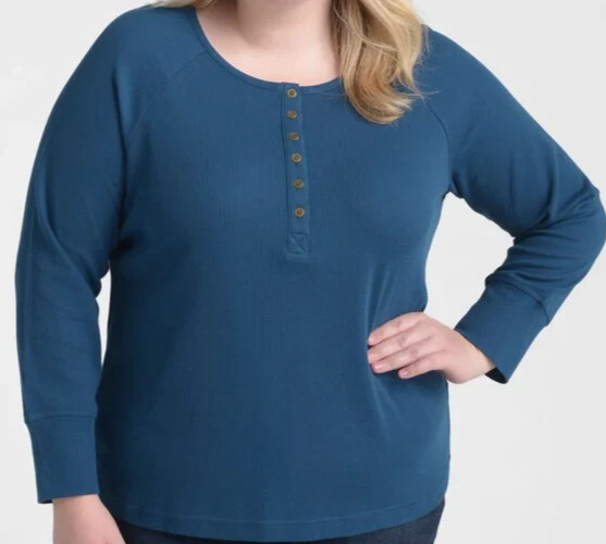 CJ Banks Size 2X Dark Teal Blue thermal henley knit top, raglan sleeve, NWT