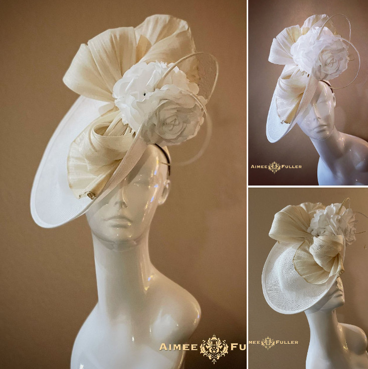 Kentucky Derby Fascinator Ivory White Moss Green Rose Hat Royal Ascot Bridal Hat