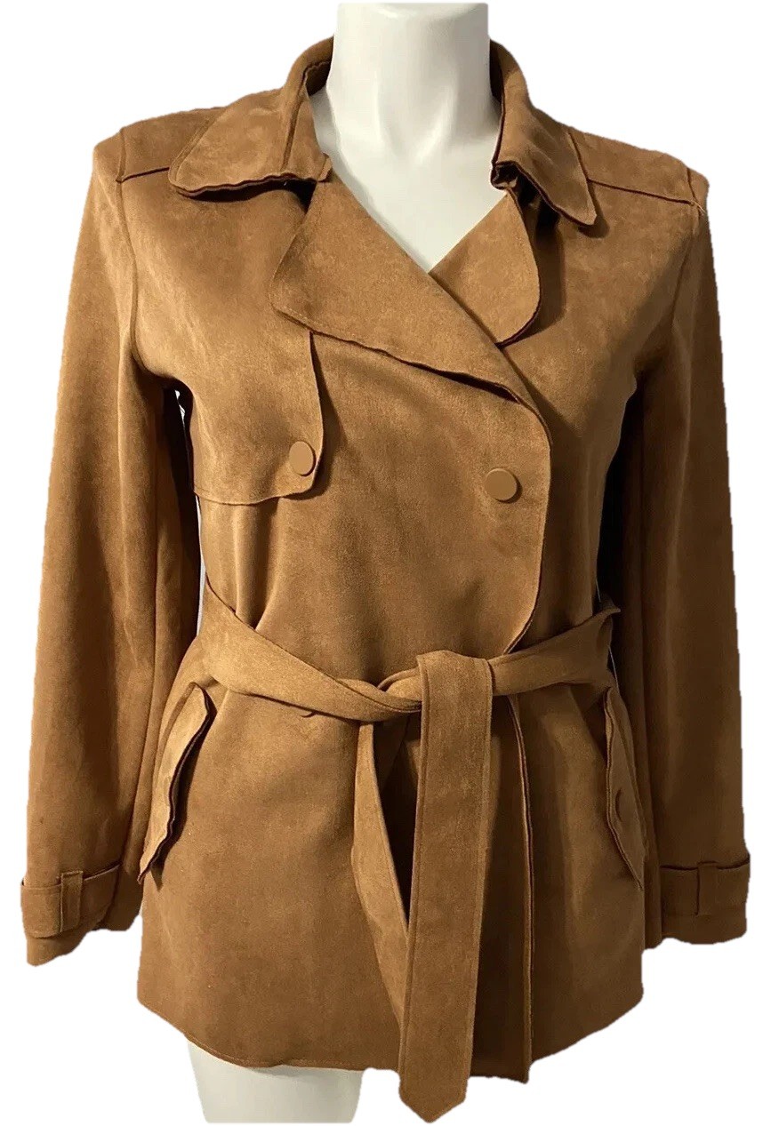 Haute Monde Women’s Faux Suede Double Breasted Trench Coat Jacket Size MEDIUM
