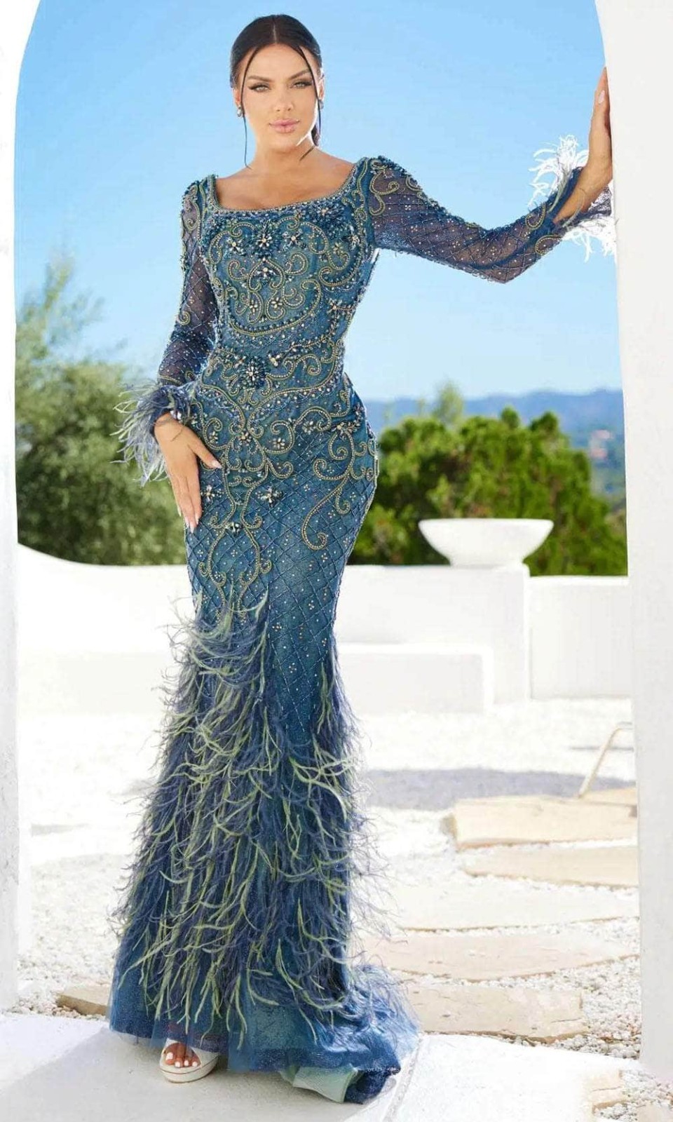 Terani Couture 241GL2646 – Long Sleeve Feather Detailed Evening Dress