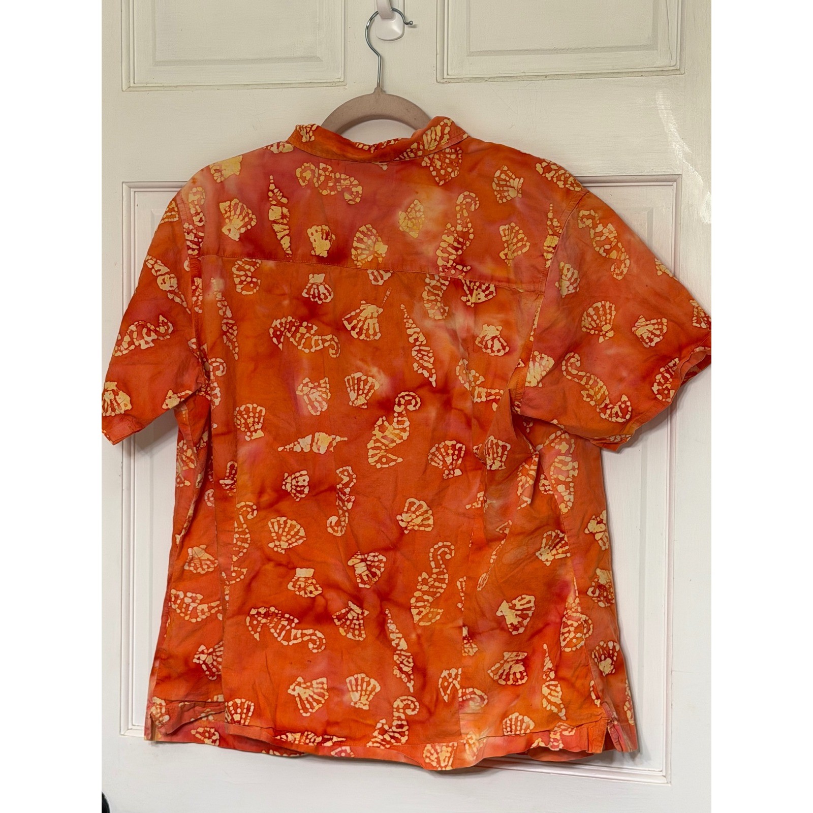 Columbia Womens XXL Orange Sea Shell Seahorse Batik Cotton Button Down Shirt