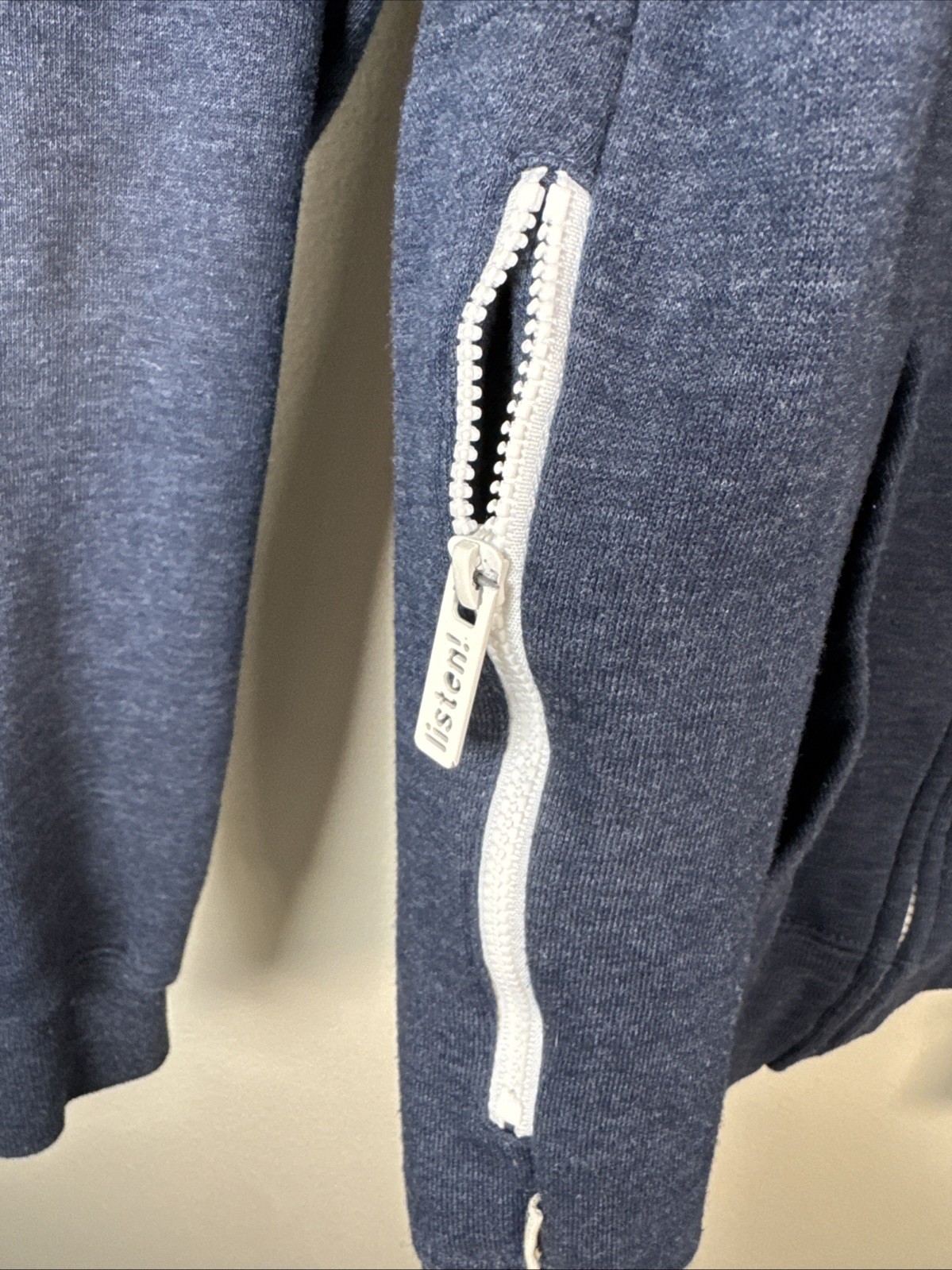 HB Super AIO Zip Hoodie Heather Navy Blue Built-in Headphones Graphic Back Mens