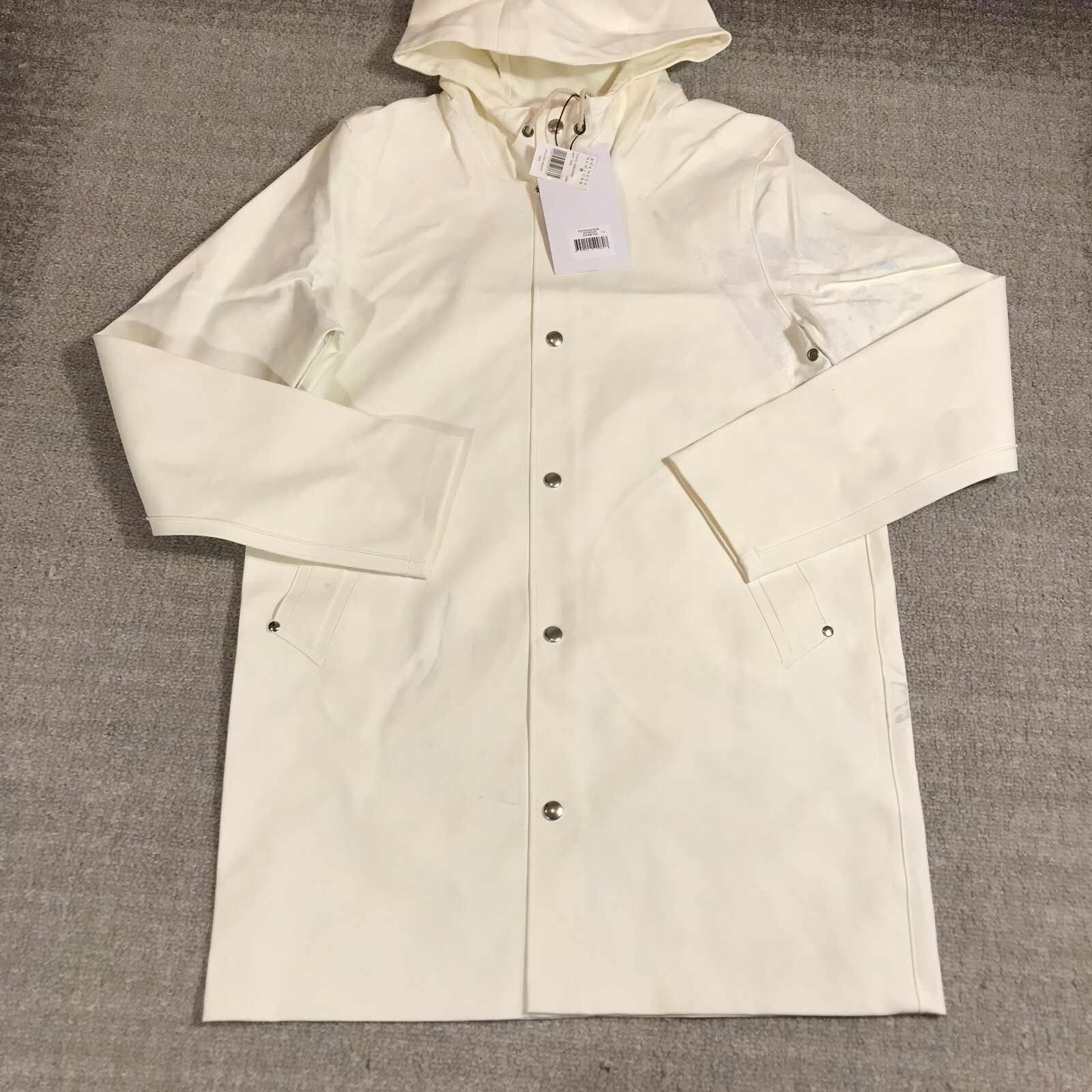 Stutterheim Stockholm Jacket Mens 2XS XXS Raincoat Hoodie Unisex White Thrased