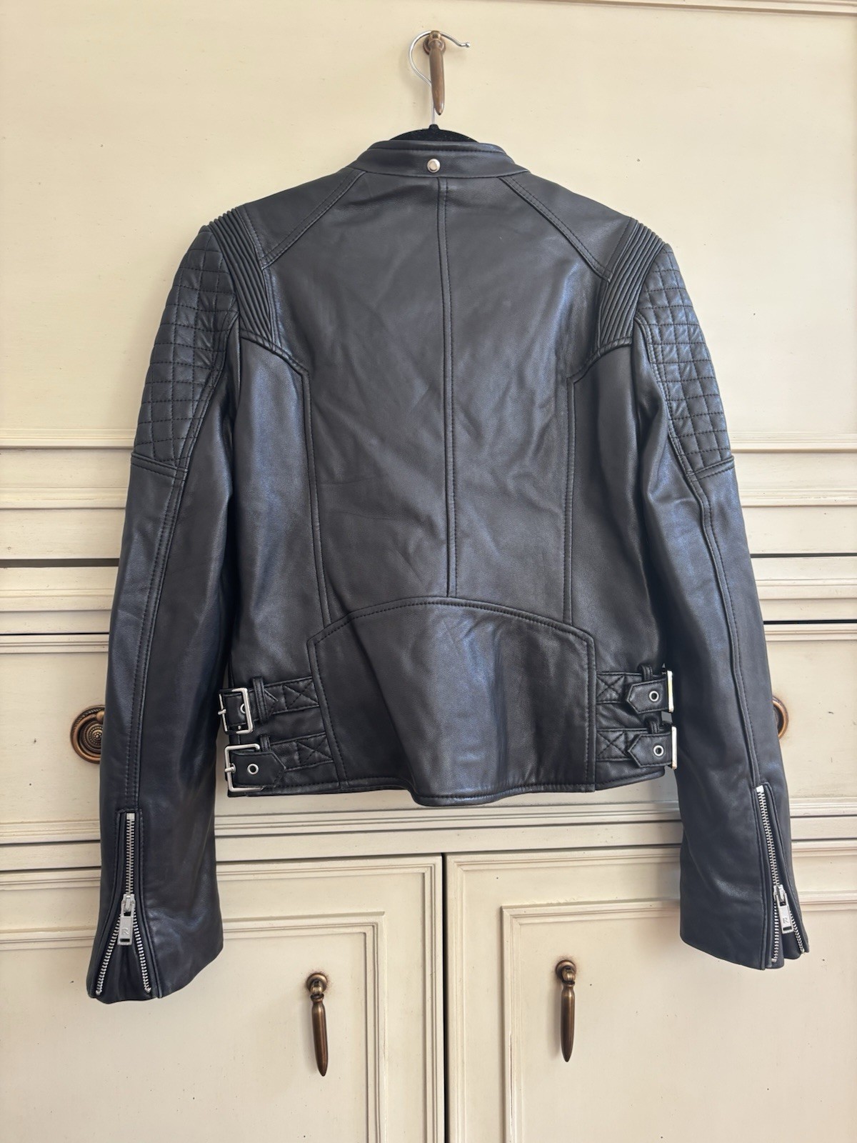 Intuition Paris Black Leather Moto Jacket 34/XS Zip Buckle Accent EUC
