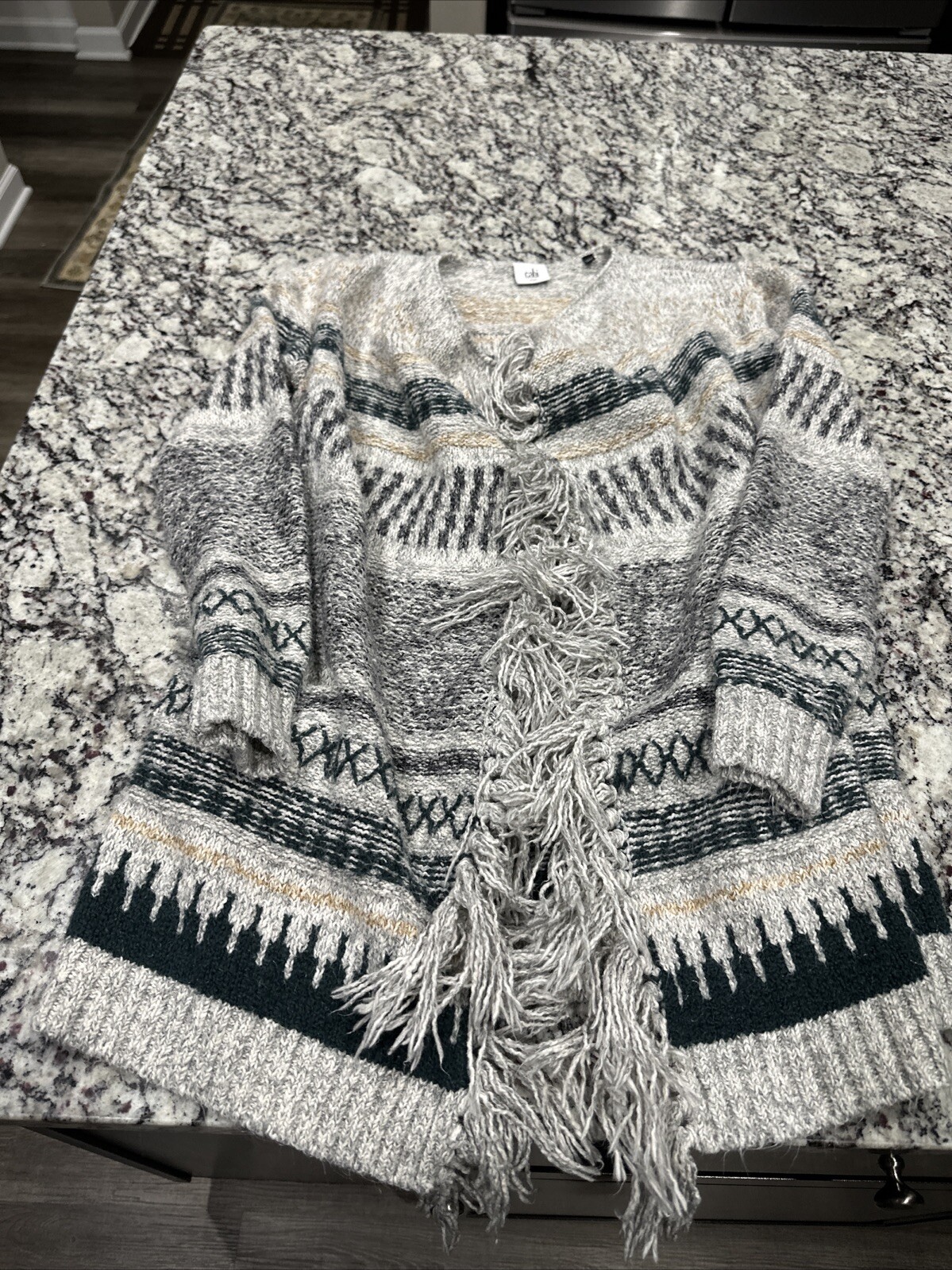 Gabi Grey Blue Beige Fair Isle Waterfall Fine Knit Longline Cardigan – Size XXS