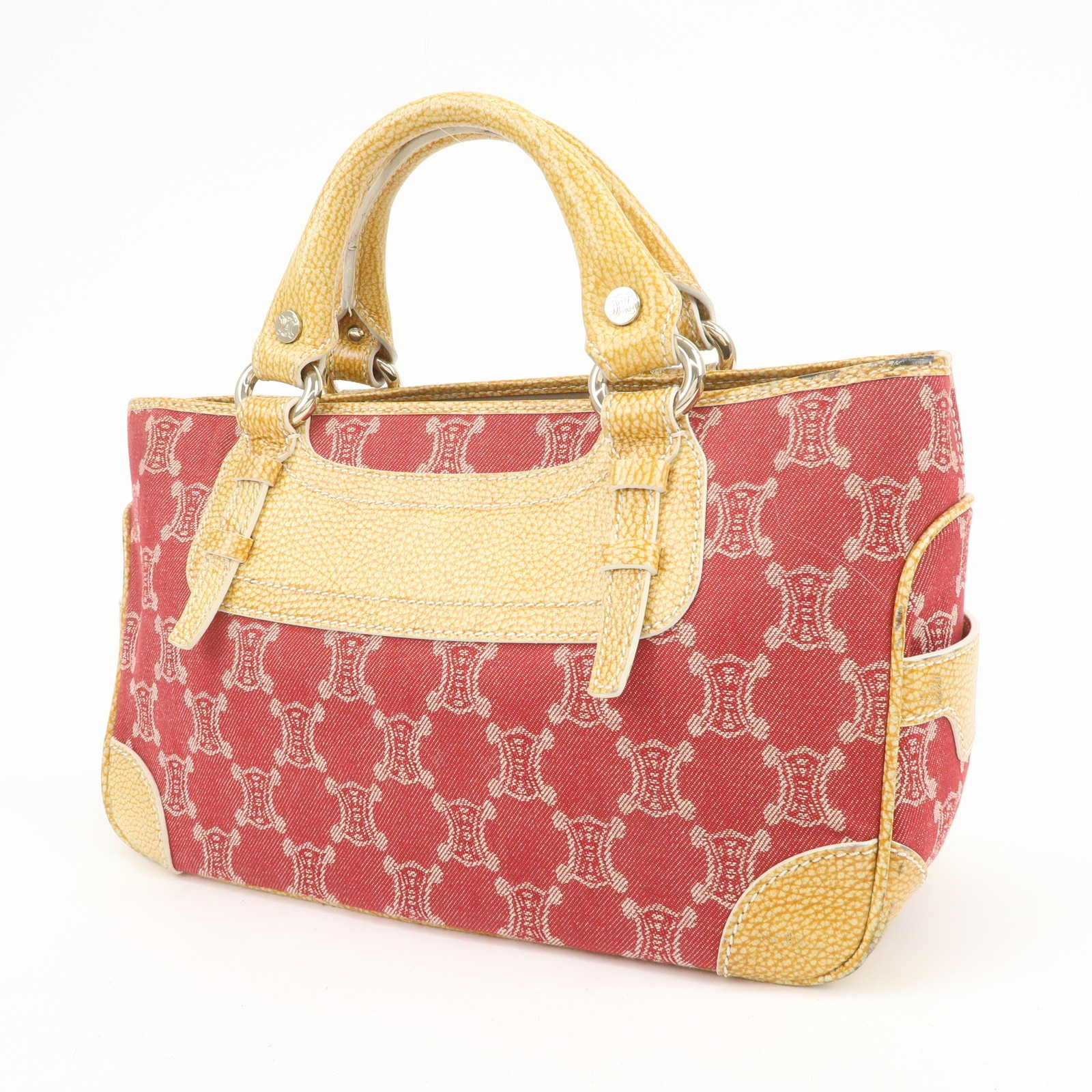 CELINE Macadam Boogie Canvas Leather Hand Bag Red Beige Authentic Used F/S