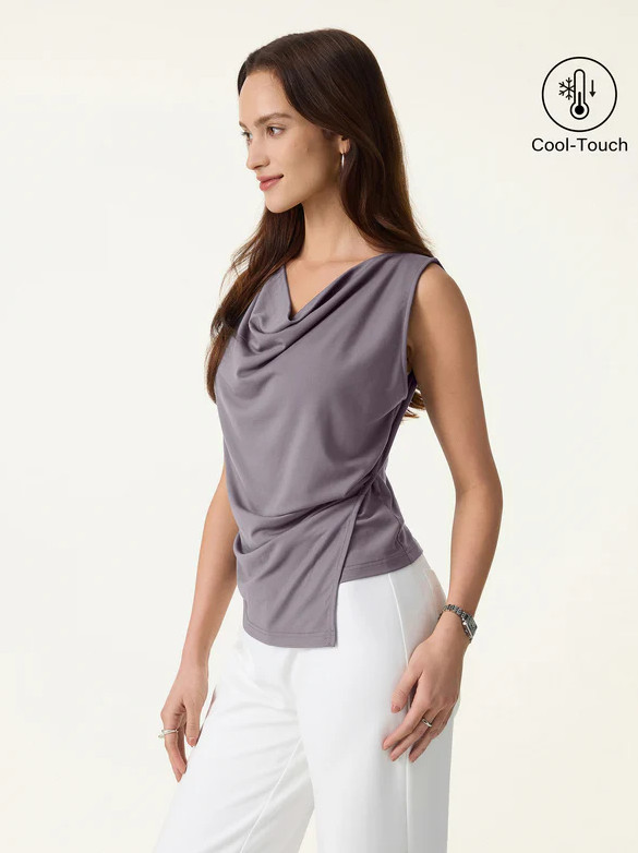 OGL Cowl Neck Asymmetrical Tucked Sleeveless Top, Taro Purple
