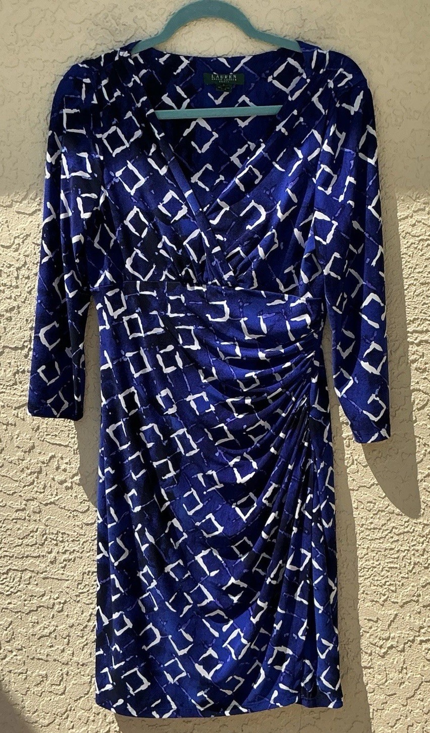 Lauren Ralph Lauren Blue White Geometric Faux Wrap Ruched Sheath Dress Size 8