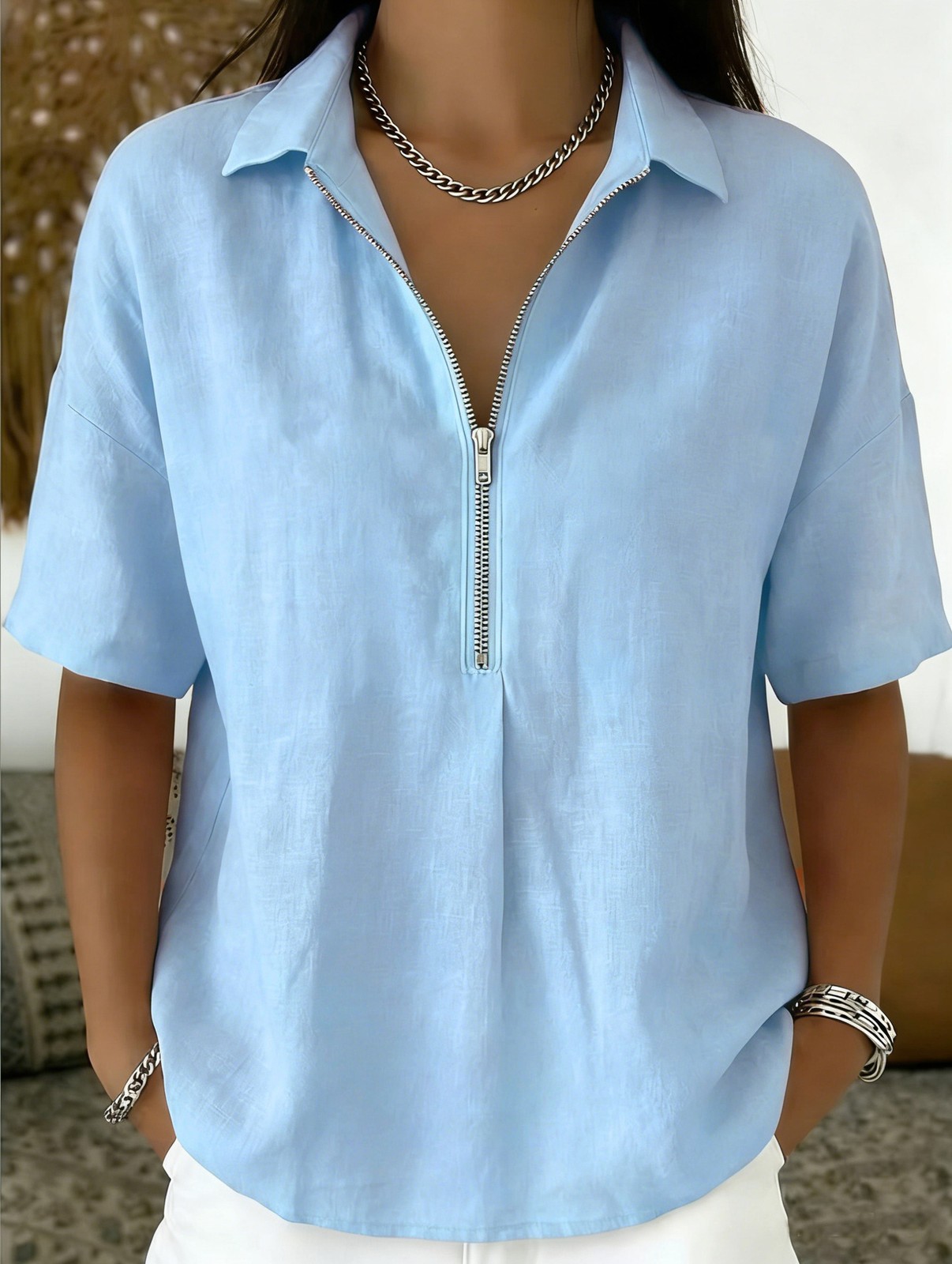 NEW Womens Fashion Solid-color Zip-up Short-sleeve T-shirt Sizes S-3XL