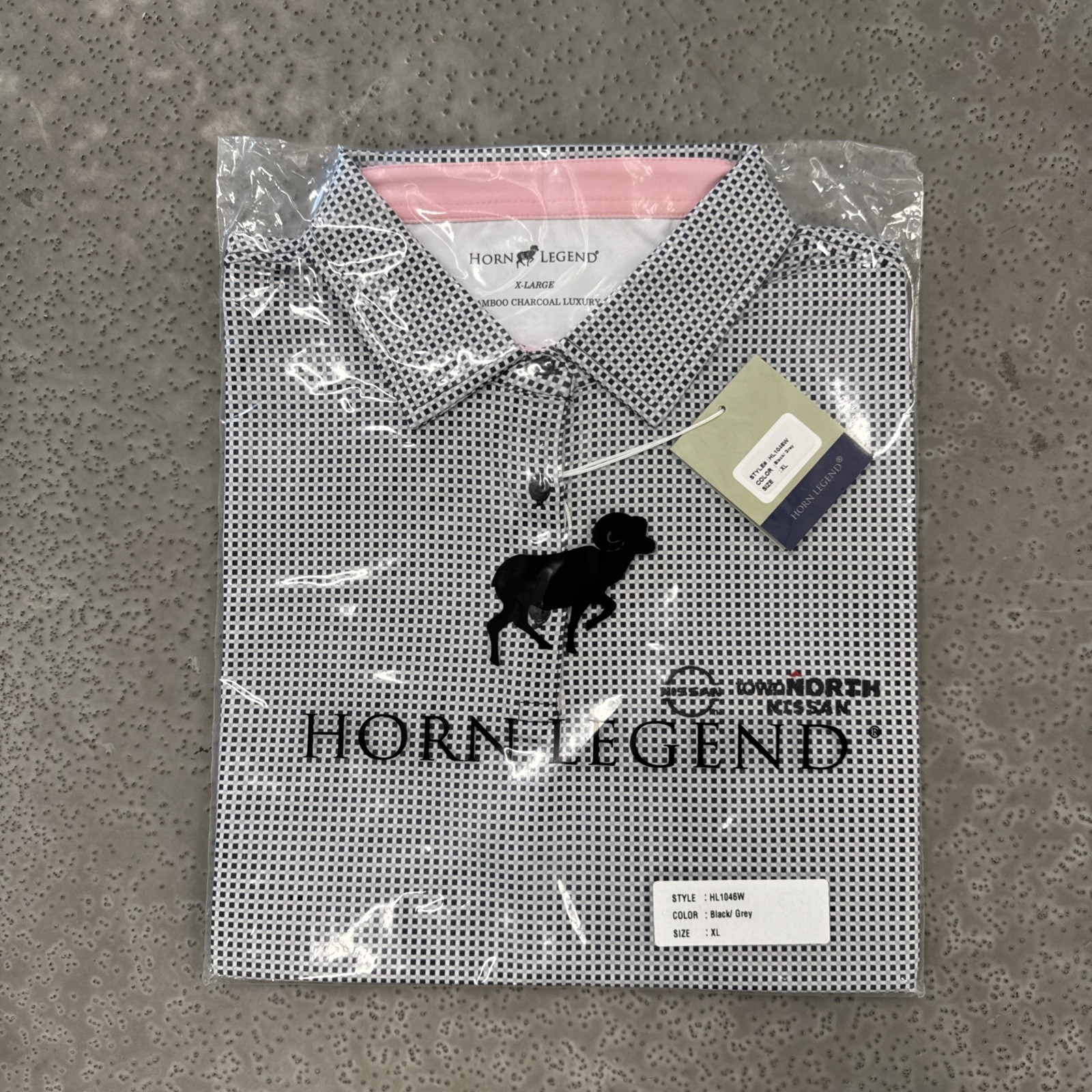 Horn Legend Luxury Polo Shirt Mens X-Large Micro Check Bamboo Charcoal